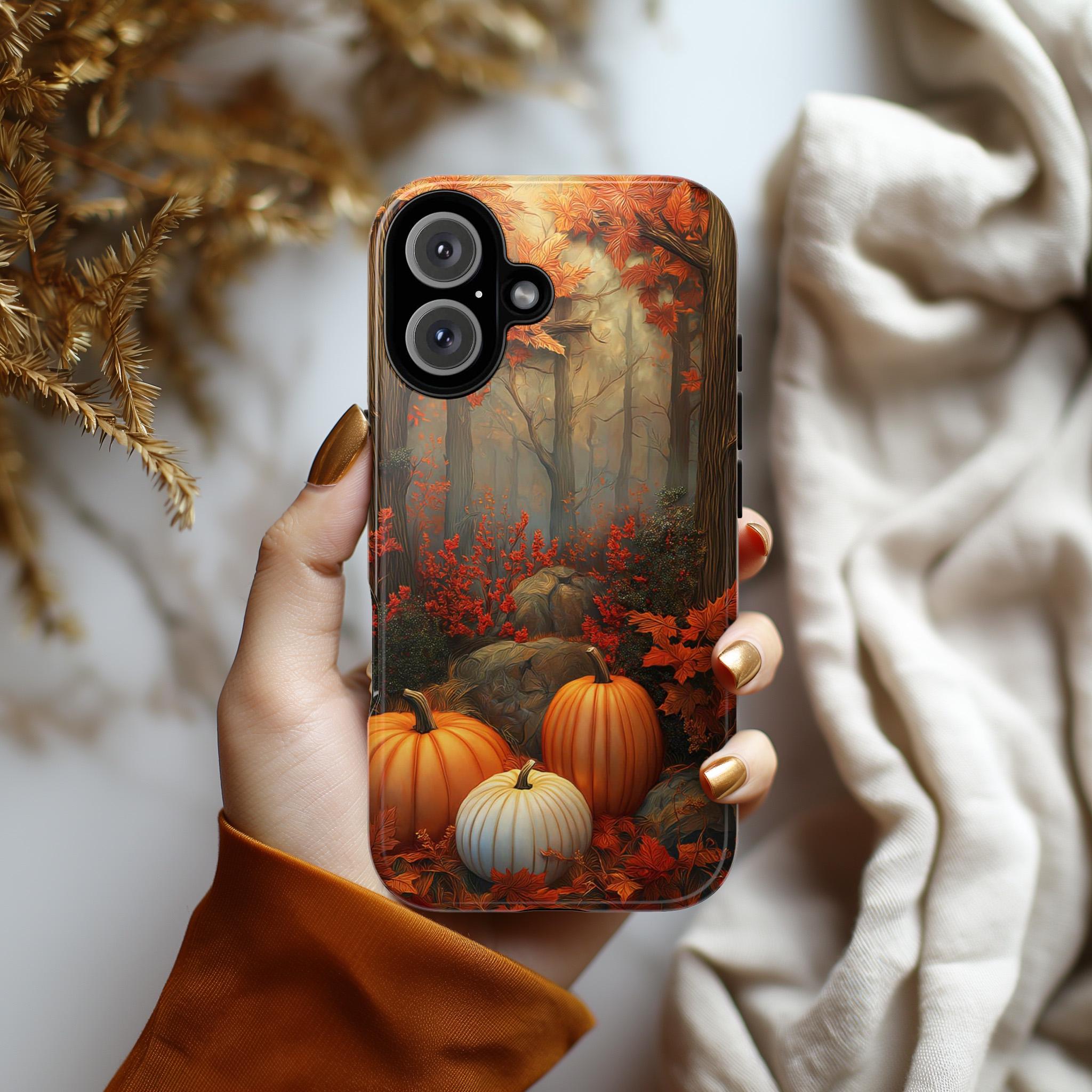 Autumn Pumpkin Forest Phone Case, Fall Natural Woodland Seasonal Fall Leaves Cover for iPhone 16 15 14 Tough or Magsafe, Samsung, 475.18