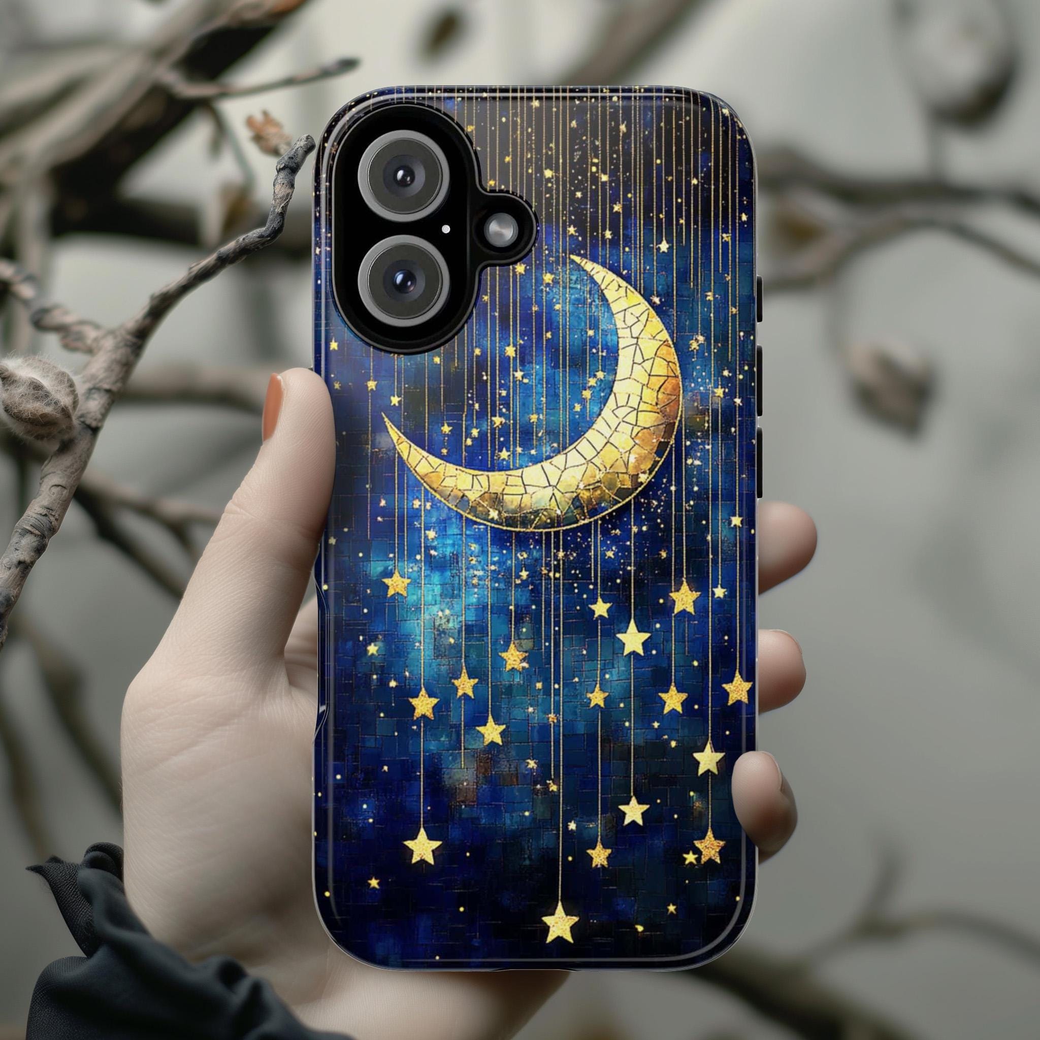 Satined Glass Golden Stars & Moon Phone Case, Night Galaxy Mosaic Design Phone Cover for iPhone 16 15 14 13 Magsafe, Samsung S25, 432.7