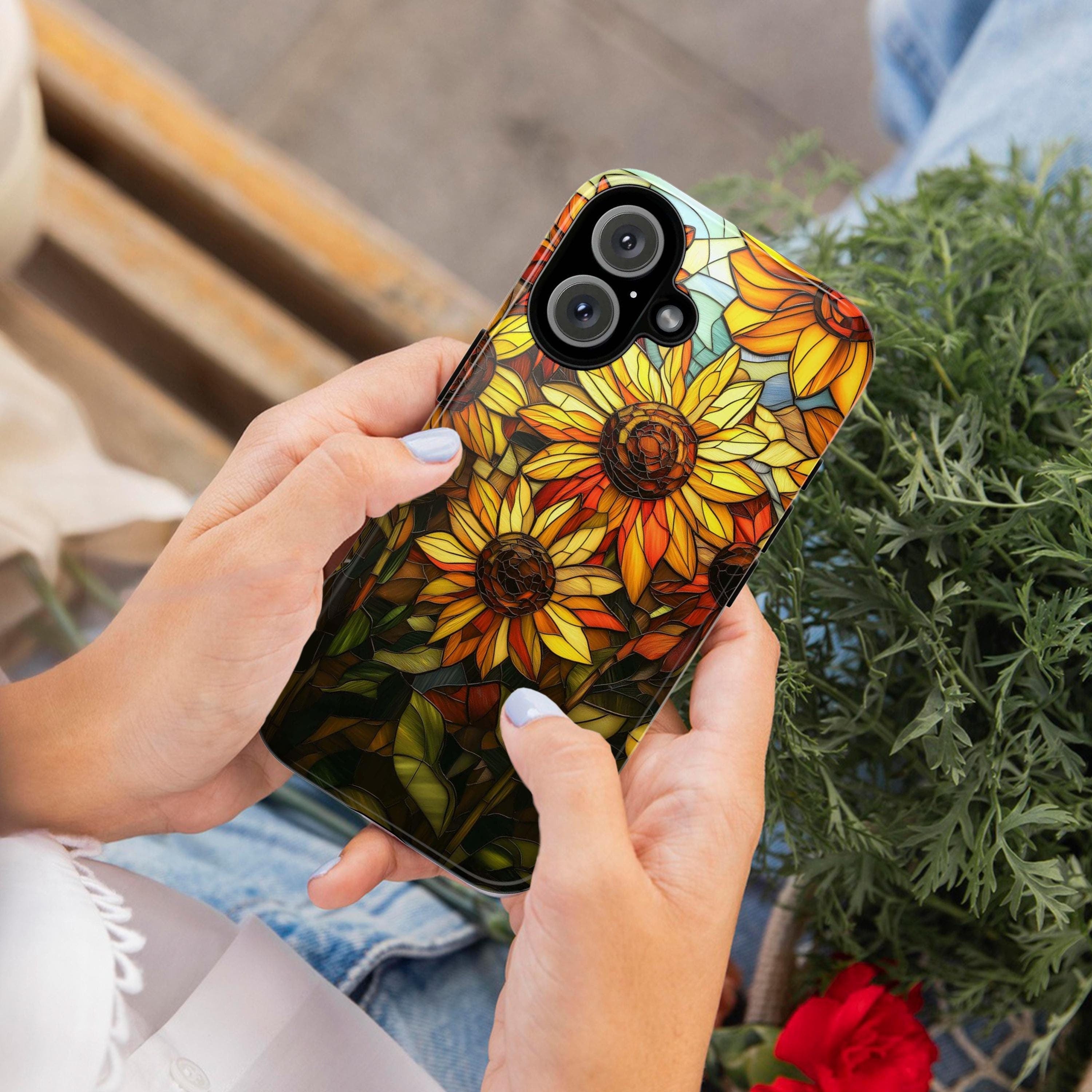 Stained Glass Vibrant Sunflowers Phone Case, Sunflower Field Phone Cover for iPhone 16 15 14 13 Pro Magsafe Samsung Galaxy S24, 418.18