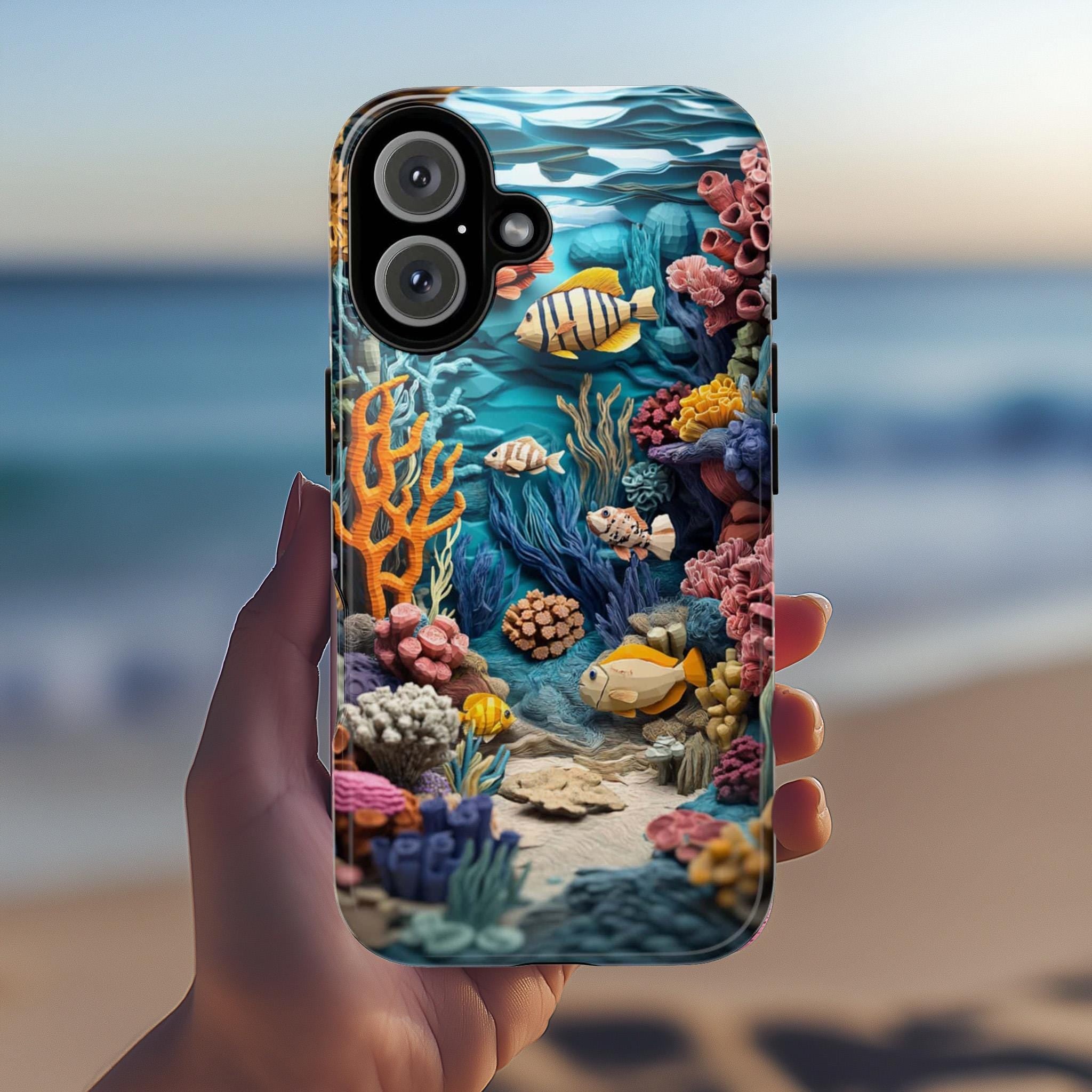 Aquatic Marine Life Phone Case, Beauty Ocean Design, Waves and Fish Lovers Phone Case for iPhone 16 15 14 13, Samsung S25, 466.8