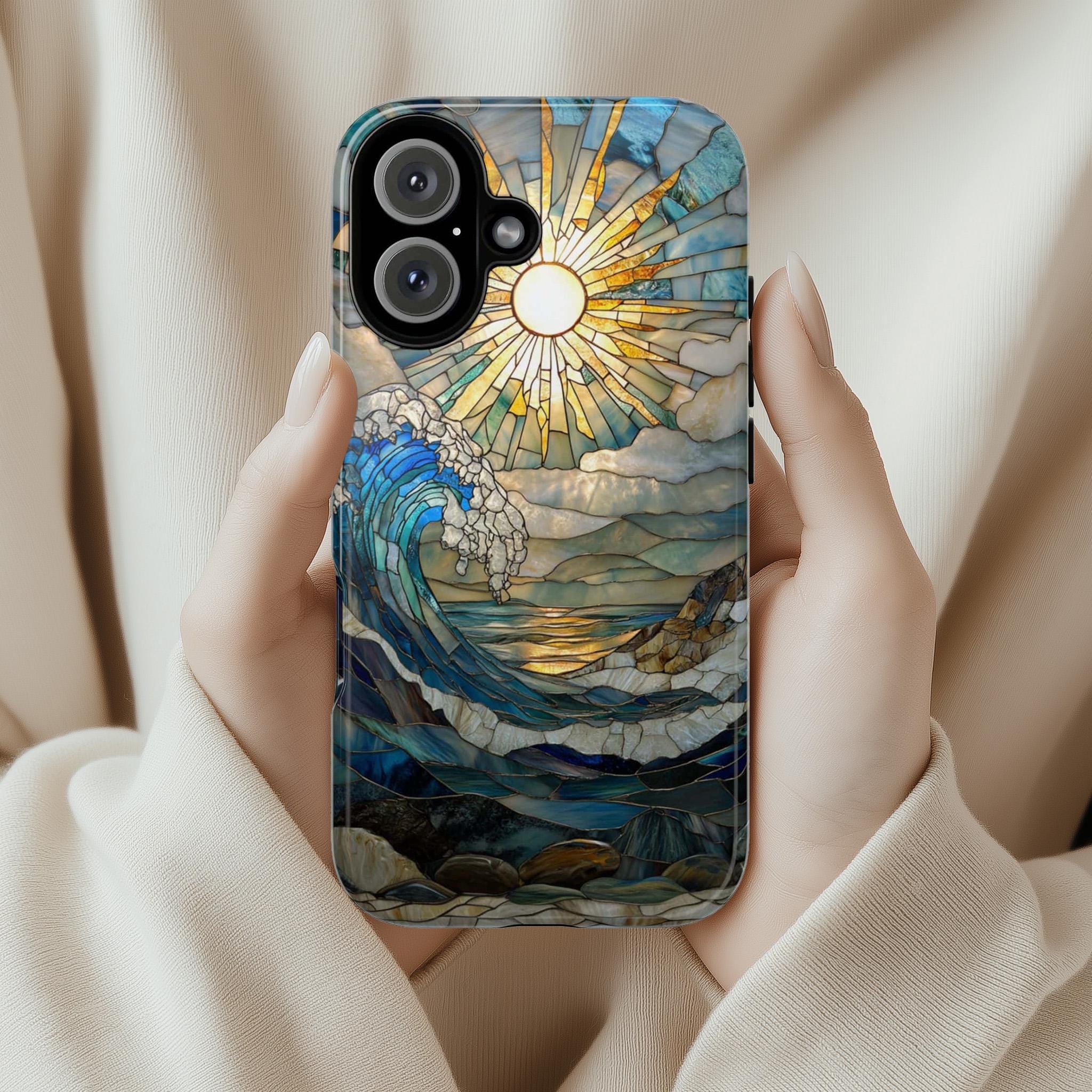 Stained Glass Sunset Ocean Phone Case, Sea-Wave Inspired Cover, Beach Lovers Gift Case Tough or Magsafe for iPhone 16 15 14 13, 455.12