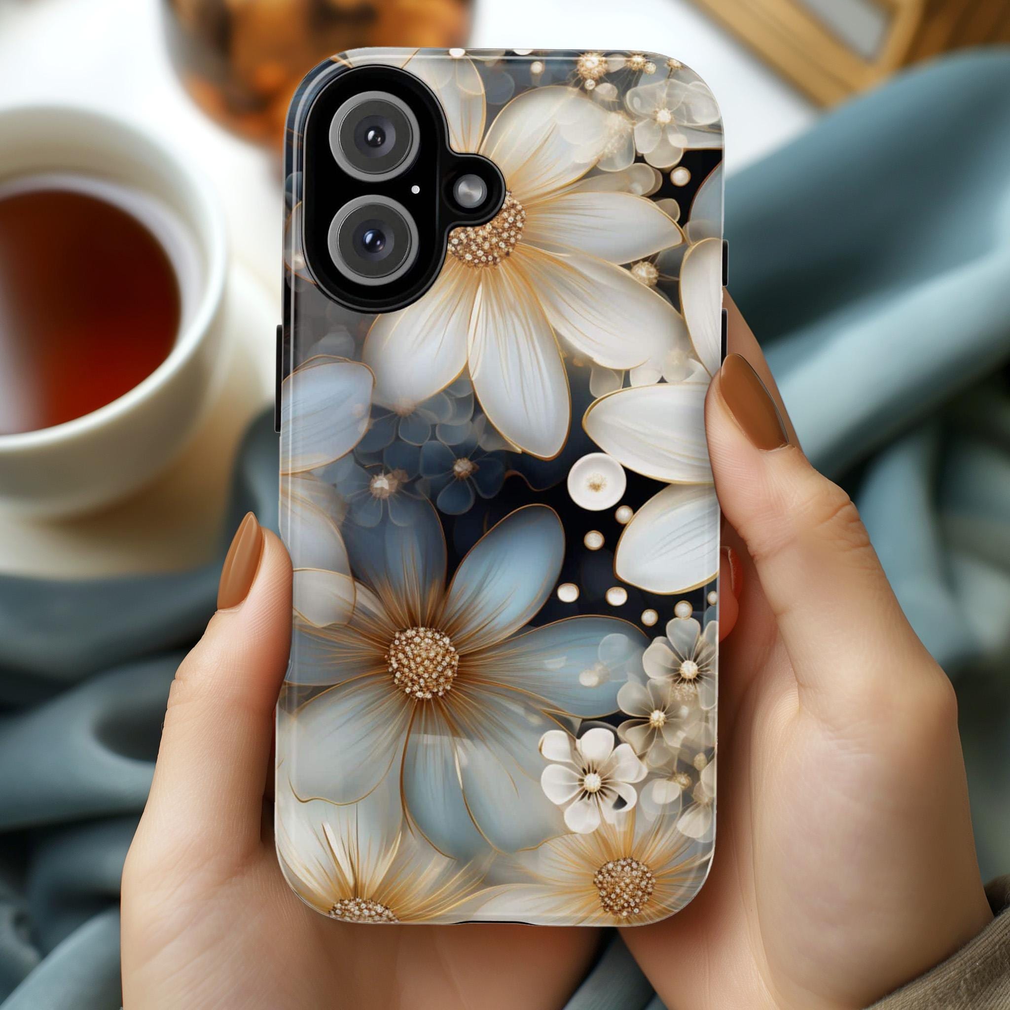 Daisy Flowers Stained Glass Phone Case, Gold & White Floral, Aesthetic Art Floral Cover for iPhone 16 Magsafe, Galaxy S25 Pixel 9, 333.1