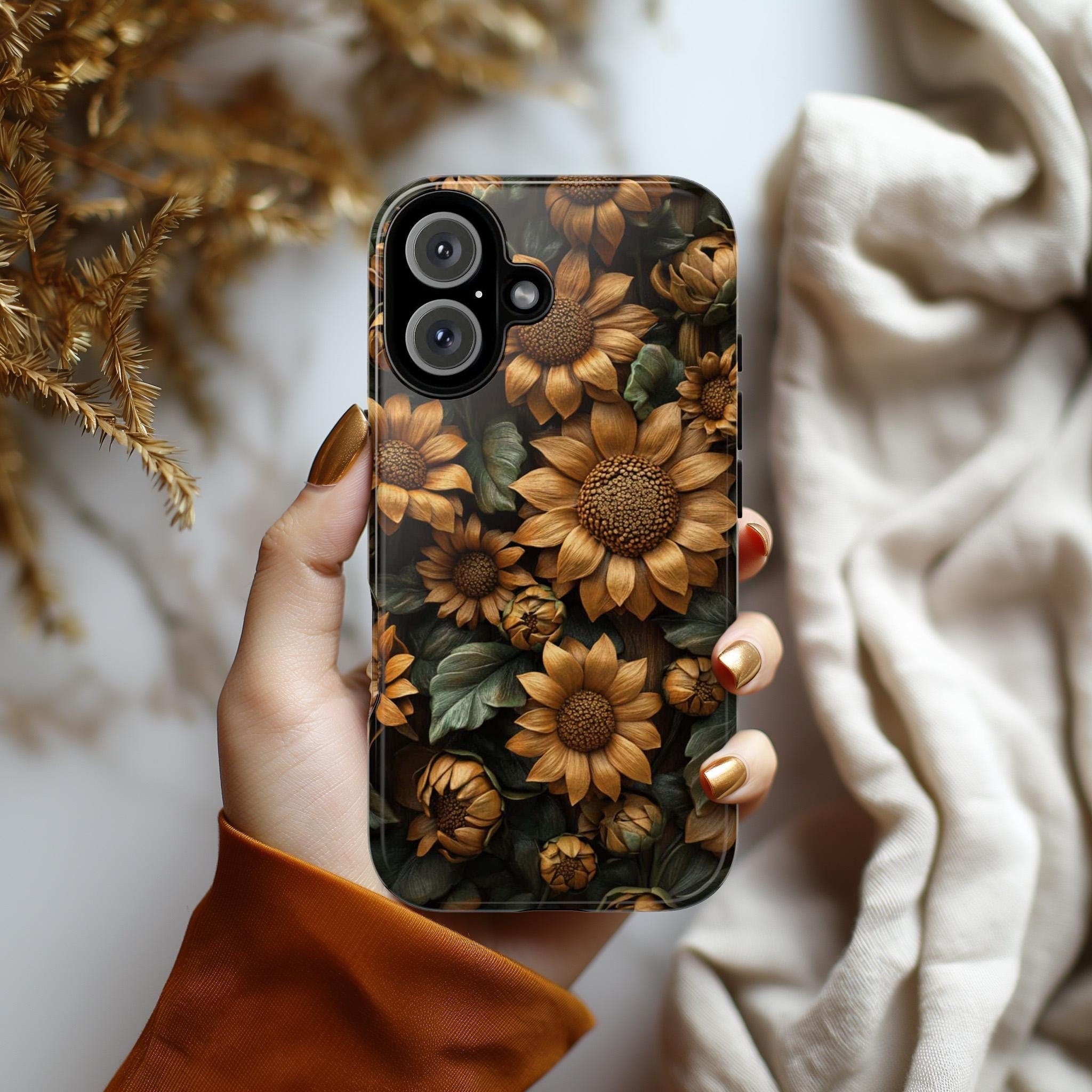 3D Sunflowers Wood Carved Flowers Phone Case, Floral Artistic Protective Cover for iPhone 16, 15, 14, 13 Magsafe & Samsung, Pixel, 439.38