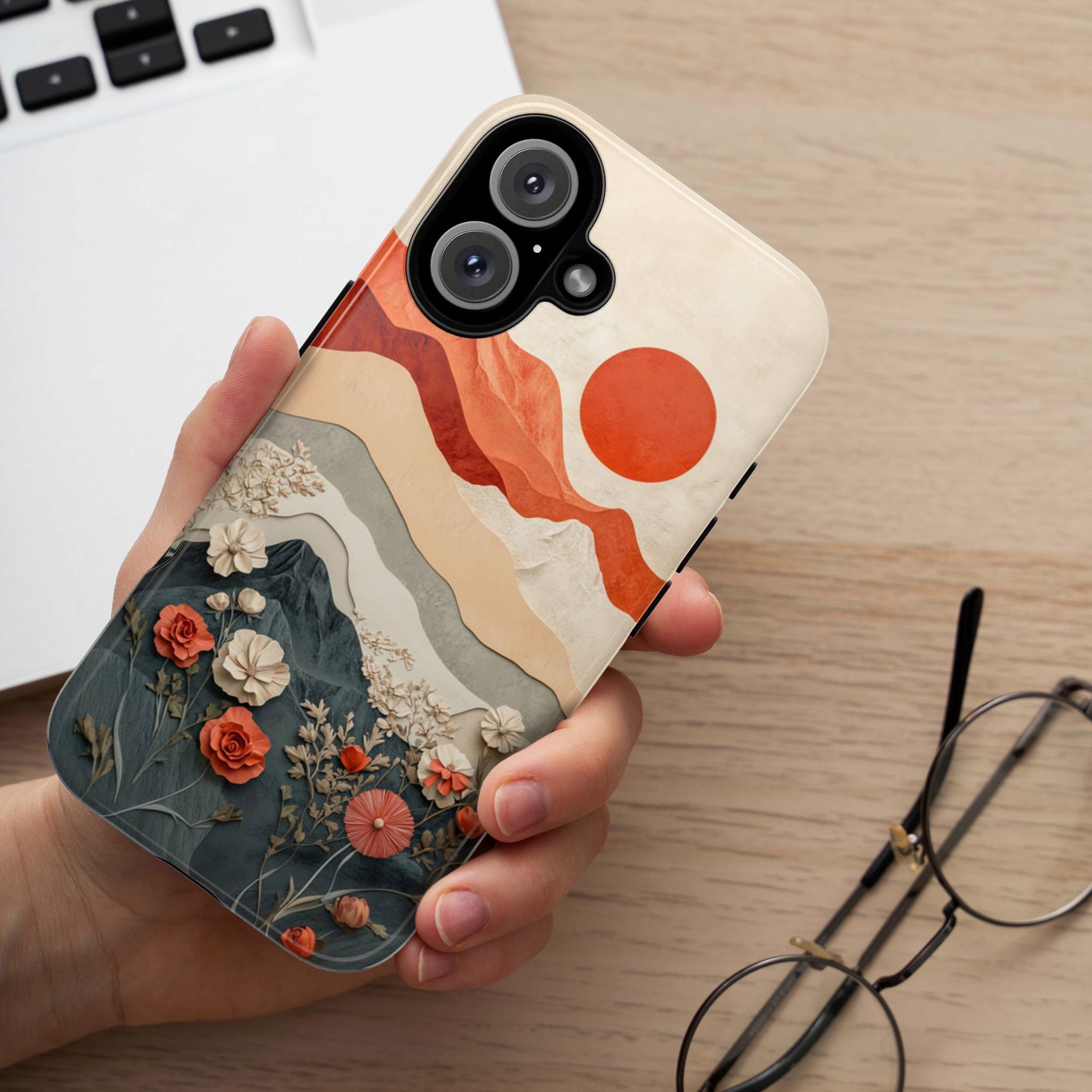 Paper Art effect Mountain Sunset & Floral Phone Case, Nature Landscape Lover Phone Cover for iPhone Tough or MagSafe, Samsung, 473.8