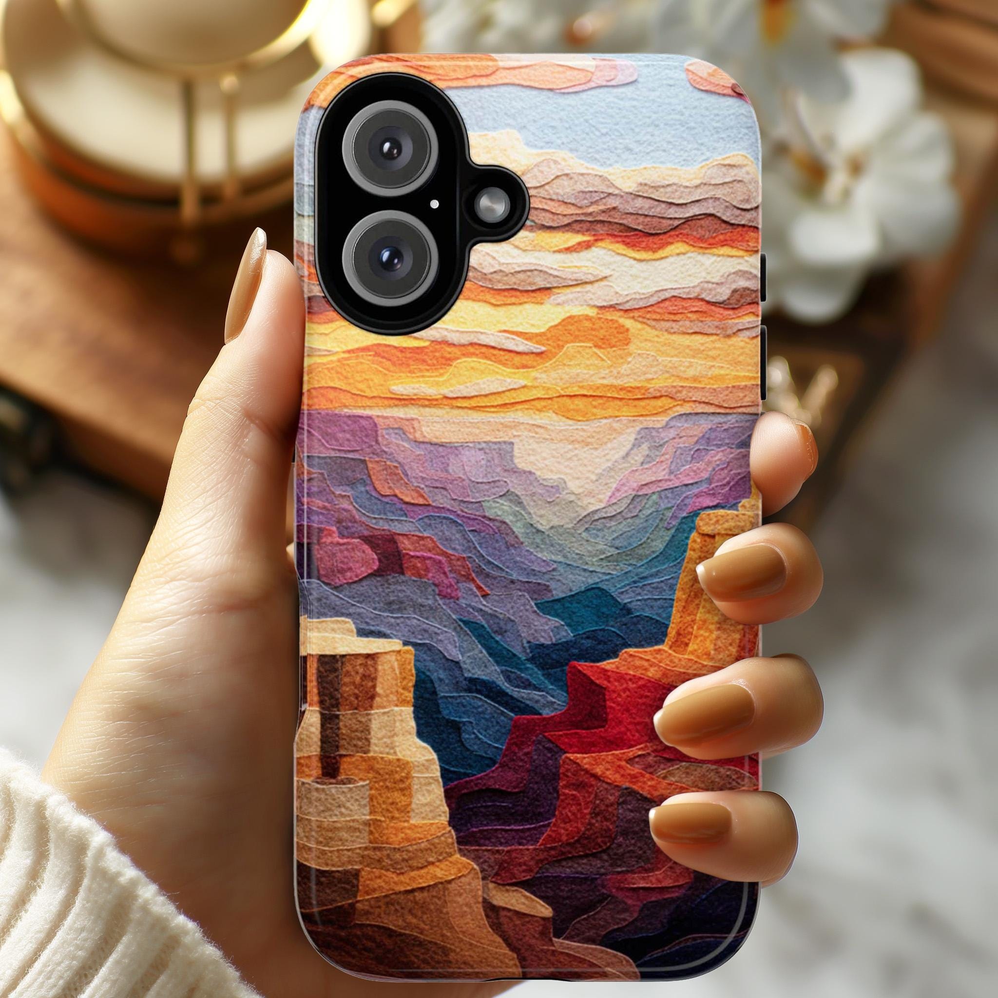 Felt Grand Canyon Design Phone Case, Sunset Nature Landscape Art Cover for iPhone 16 15 14 13 Tough or Magsafe, Samsung, 452.14