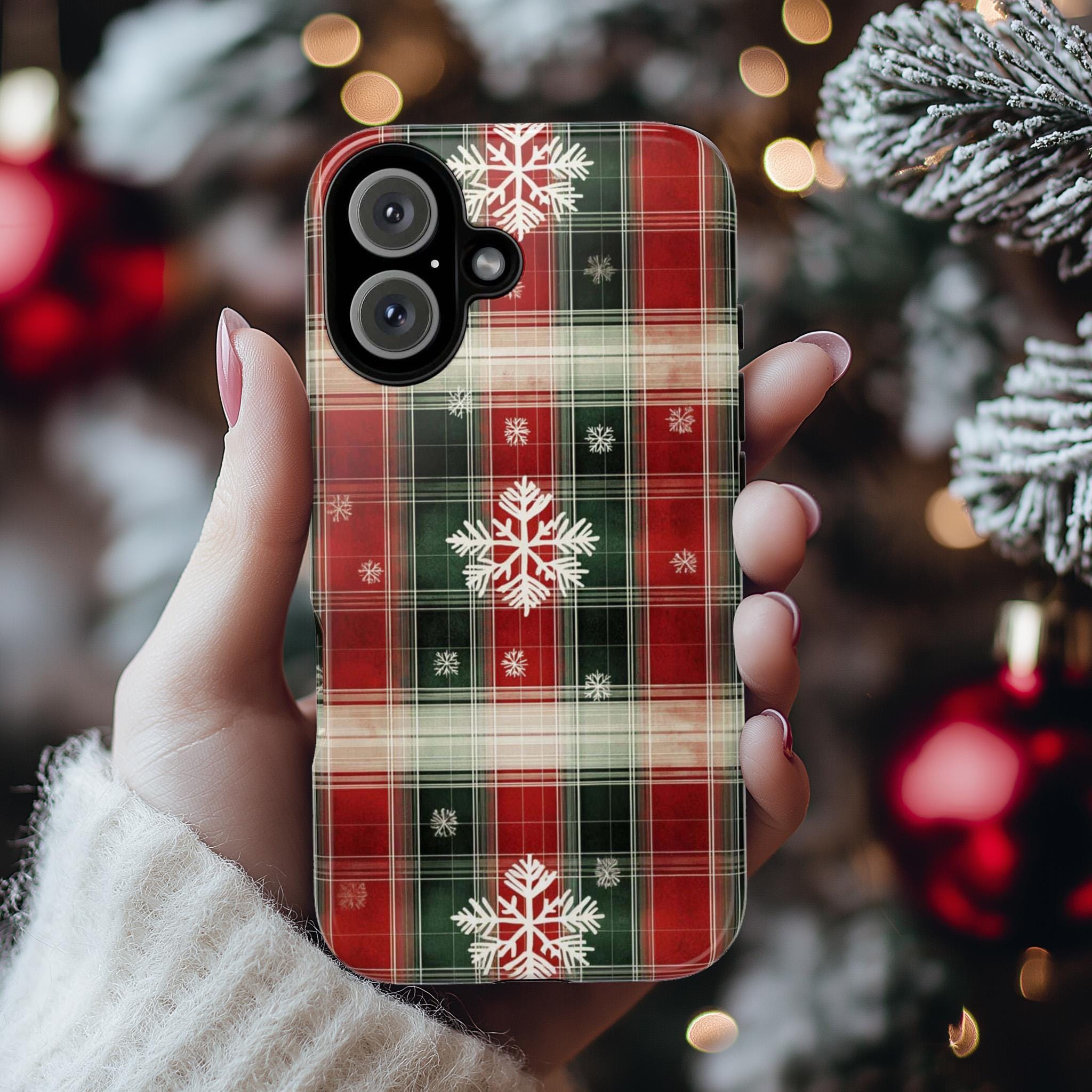 Cozy Christmas Plaid Phone Case, Festive Xmas Holiday Snowy Phone Cover for iPhone 15 14 13 Pro Max Plus, Magsafe, Galasy S25, 426.1