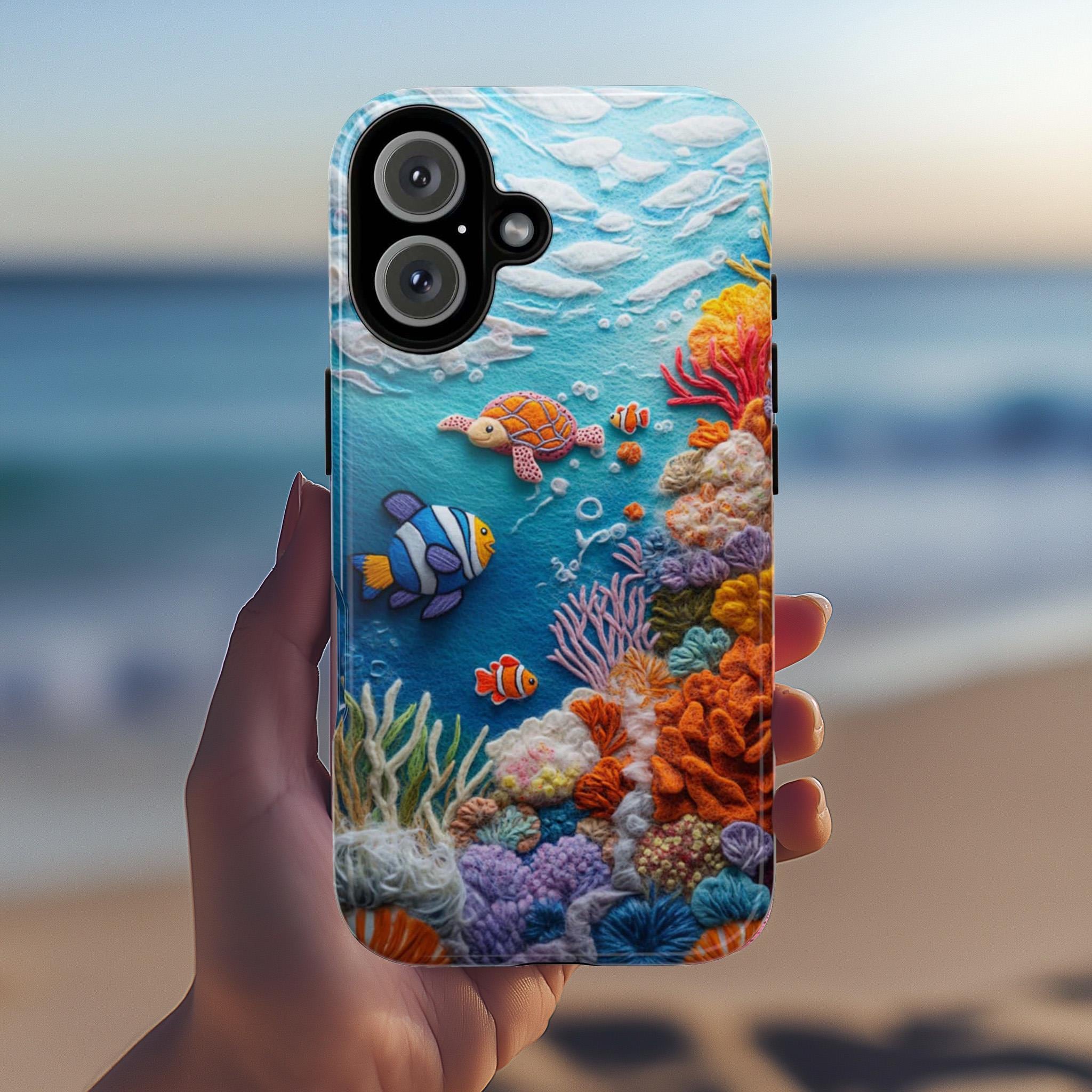 3D Felt Turtle Clownfish Coral Reef Ocean Phone Case, Marine Life Lovers Phone Case for iPhone 16 15 14 13 Magsafe, Samsung S25, 452.7