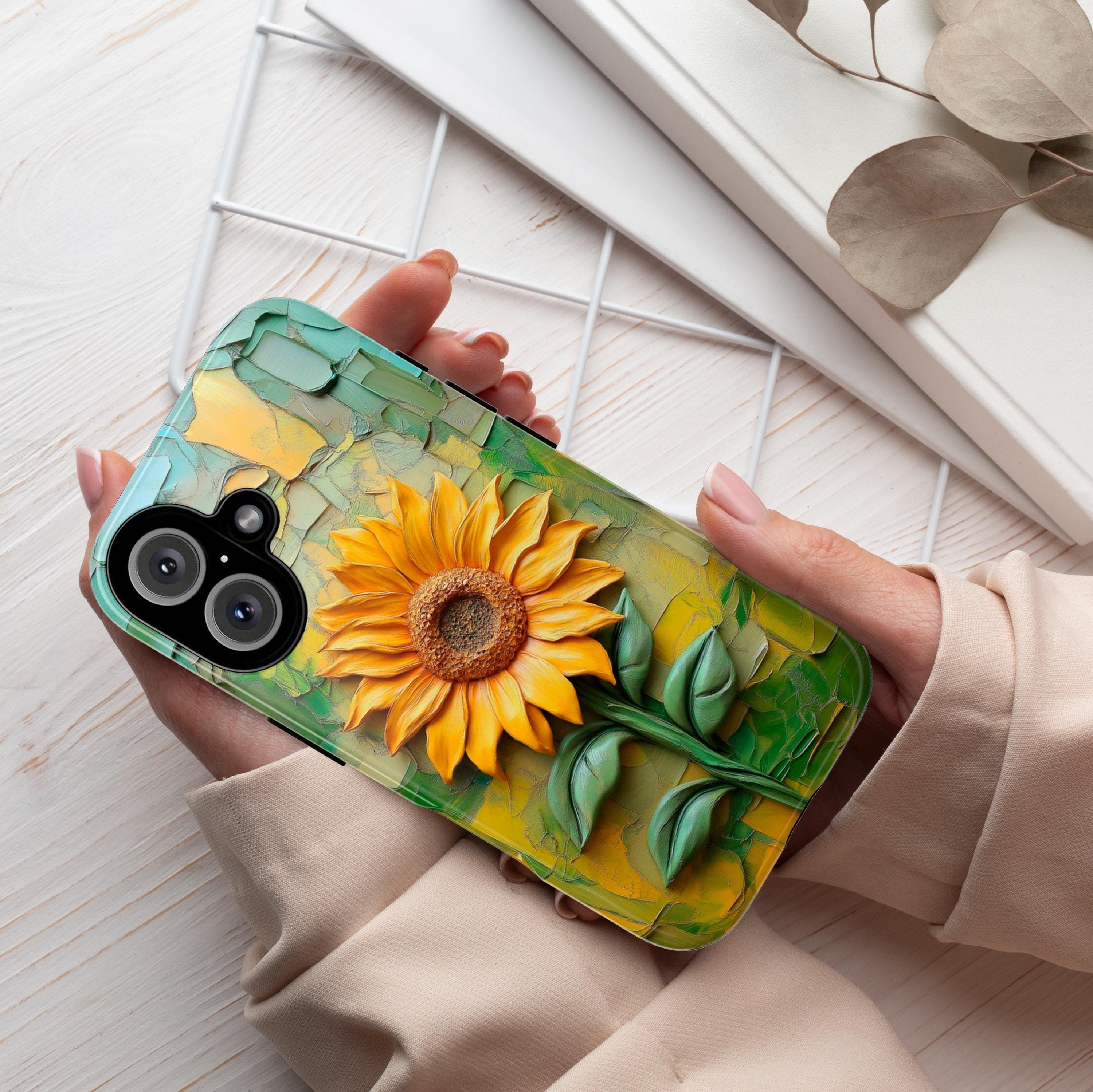 Summer Sunflower Oil Painting Phone Case, Yellow Flower Art Phone Cover for iPhone 16 15 14 13 Pro Max Plus Magsafe, Samsung S24, 439.24