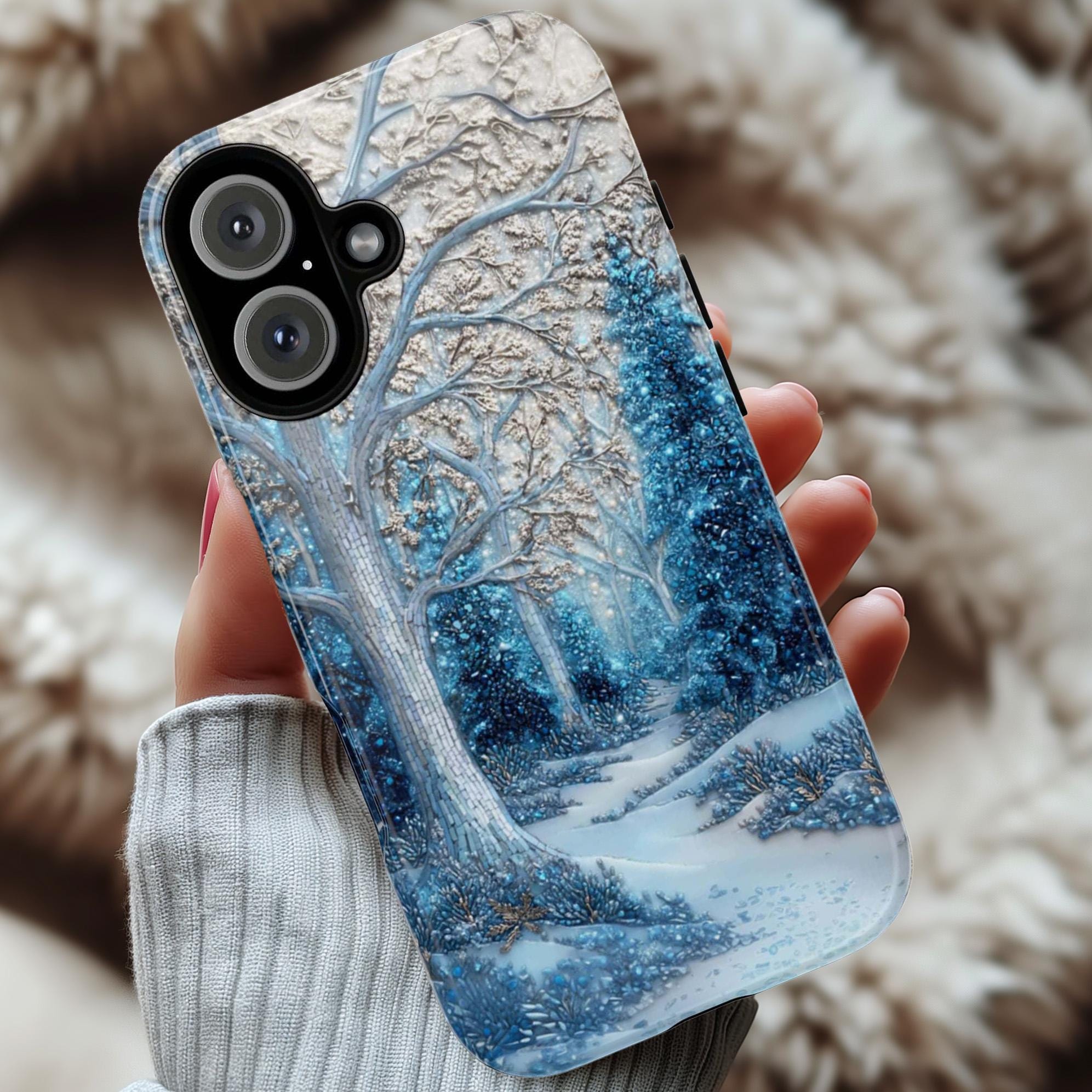 Winter Forest Phone Case,Cozy Holiday Mosaic Snowy Landscape, Frosty Woods Case for iPhone 17 16 15 Tough or Magsafe, Samsung, 481.6