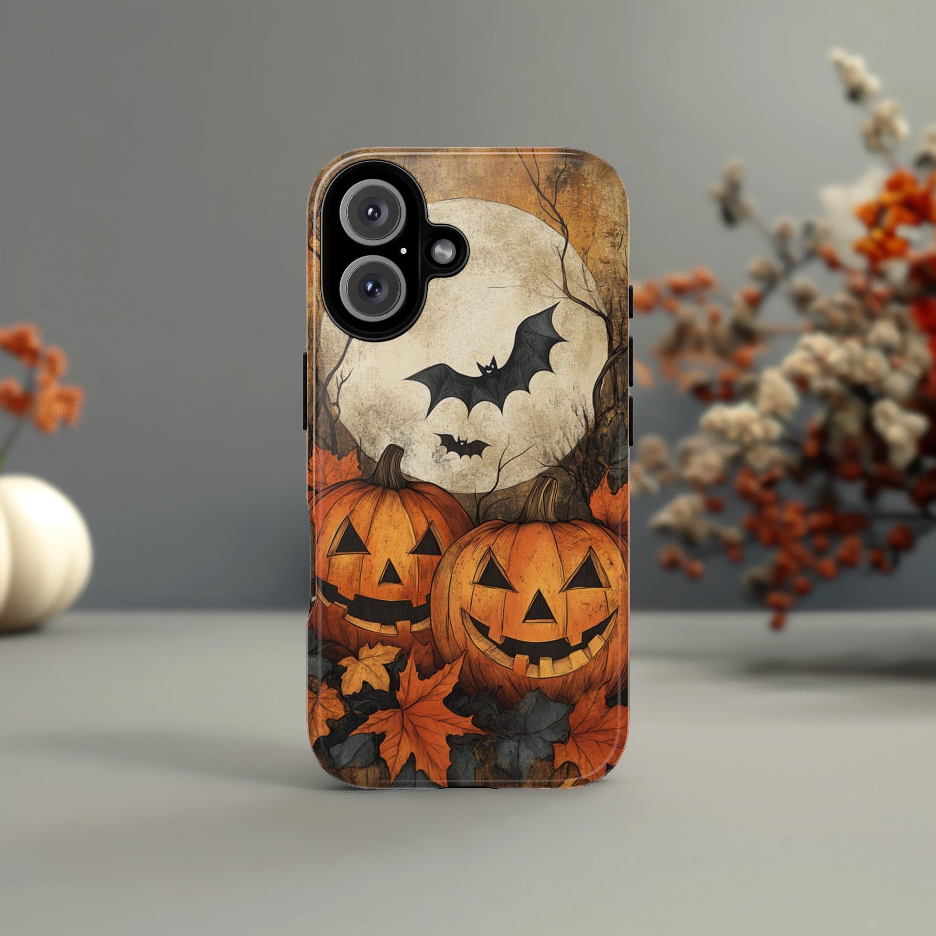 Halloween Autumn Phone Case, Pumpkins Bats & Moon, Spooky Seasonal Cover in Artistic Fall Style for iPhone Tough or Magsafe, Samsung, 475.2