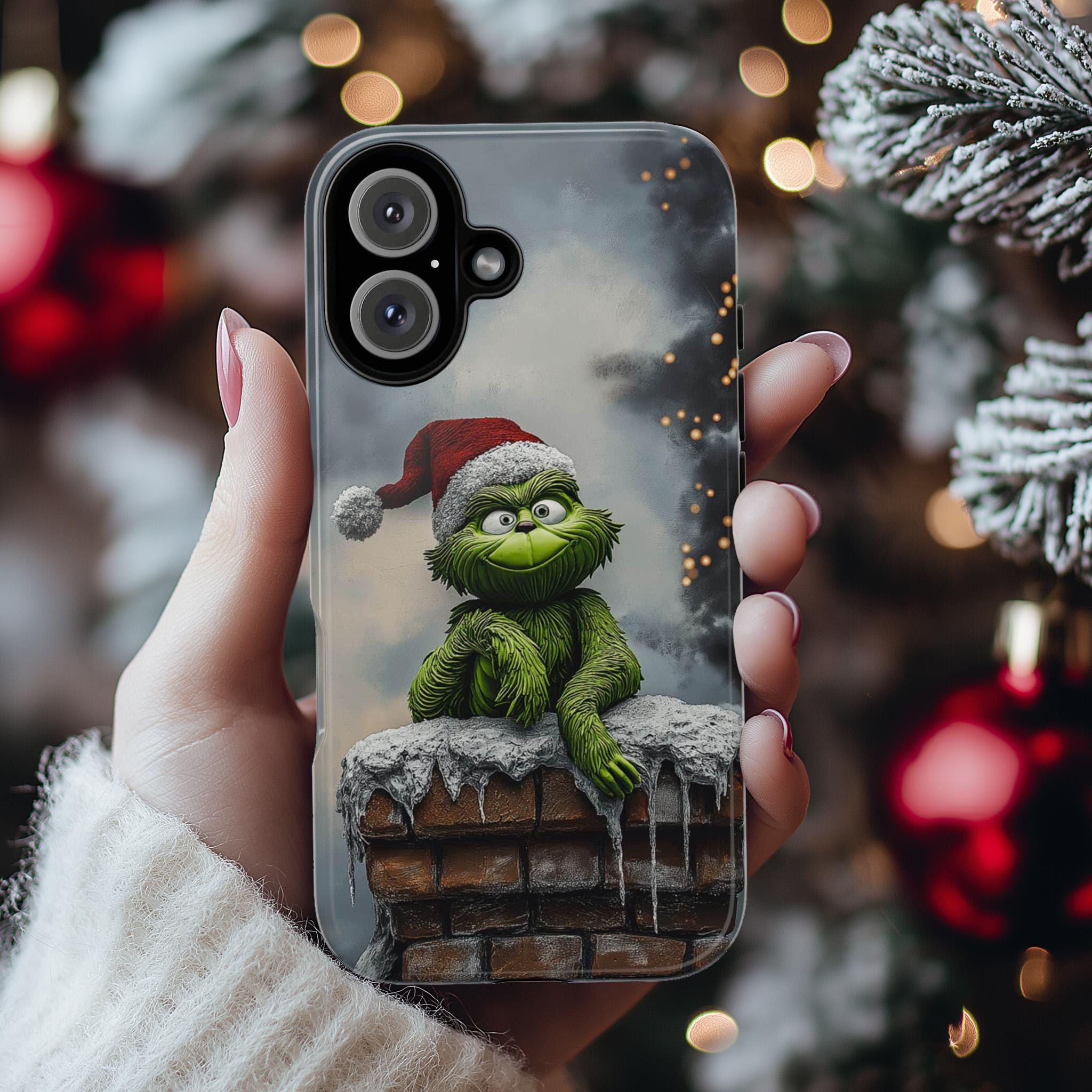 3D Funny Grinch Christmas on the Chimney Phone Case, Winter Xmas Grinch Cover for iPhone 16 15 14 13 Pro Max Plus, Samsung S24, 433.20