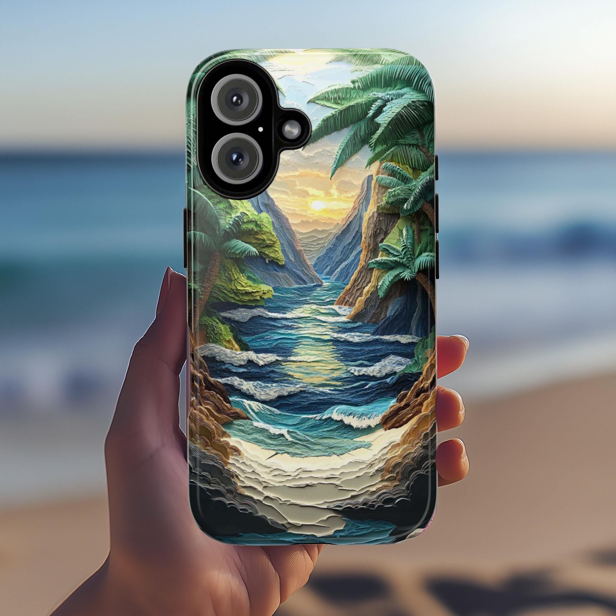 Mountain & Beach Wave Phone Case, 3D Paper Style Design, Layered Nature Landscape Cover for iPhone 16 15 Tough or Magsafe, Samsung, 470.5