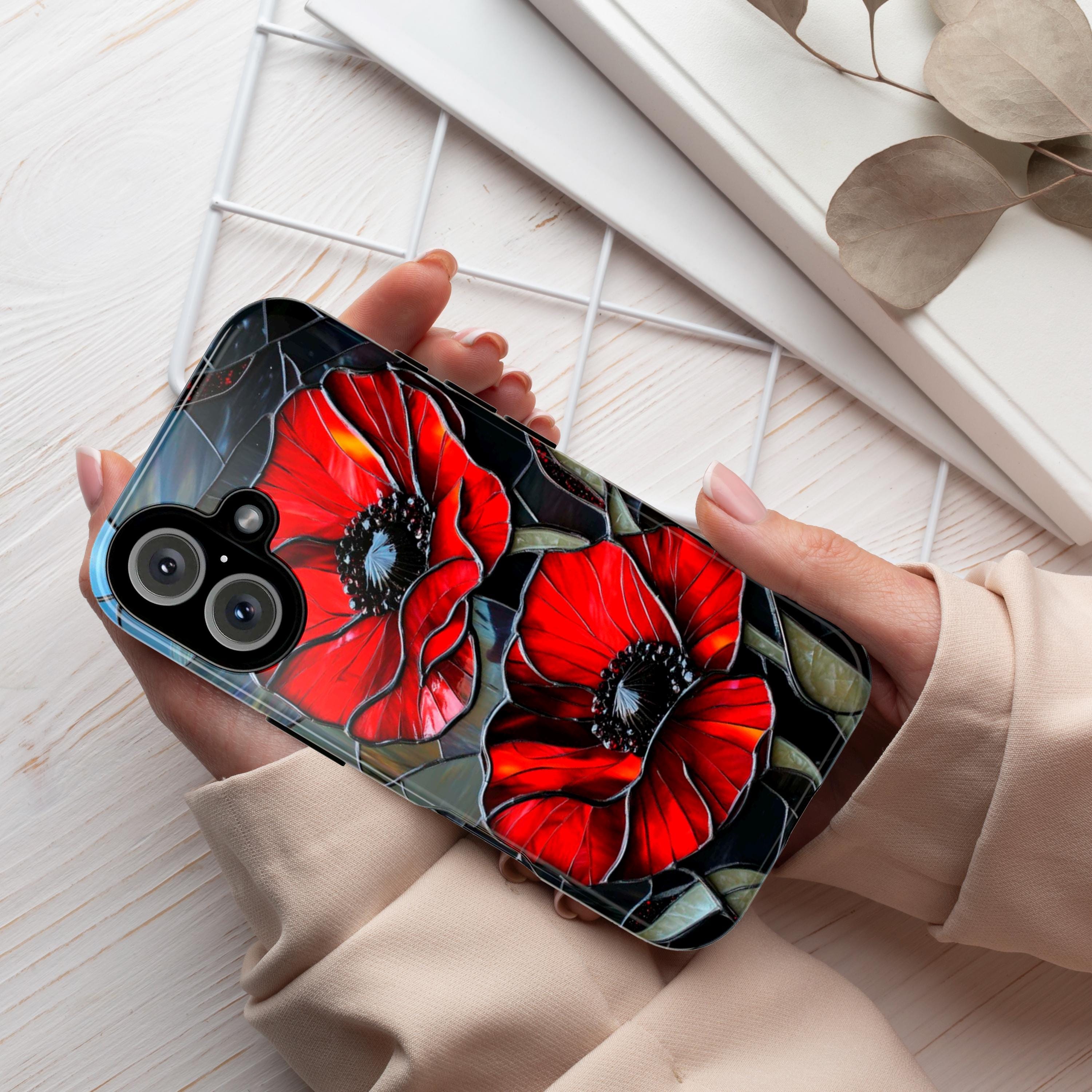 Stained Glass Red Poppies Phone Case, Mosaic Vibrant Red Poppy MagSafe Case for iPhone 16 15 14 13 Tough or MagSafe, Samsung S25, 418.17