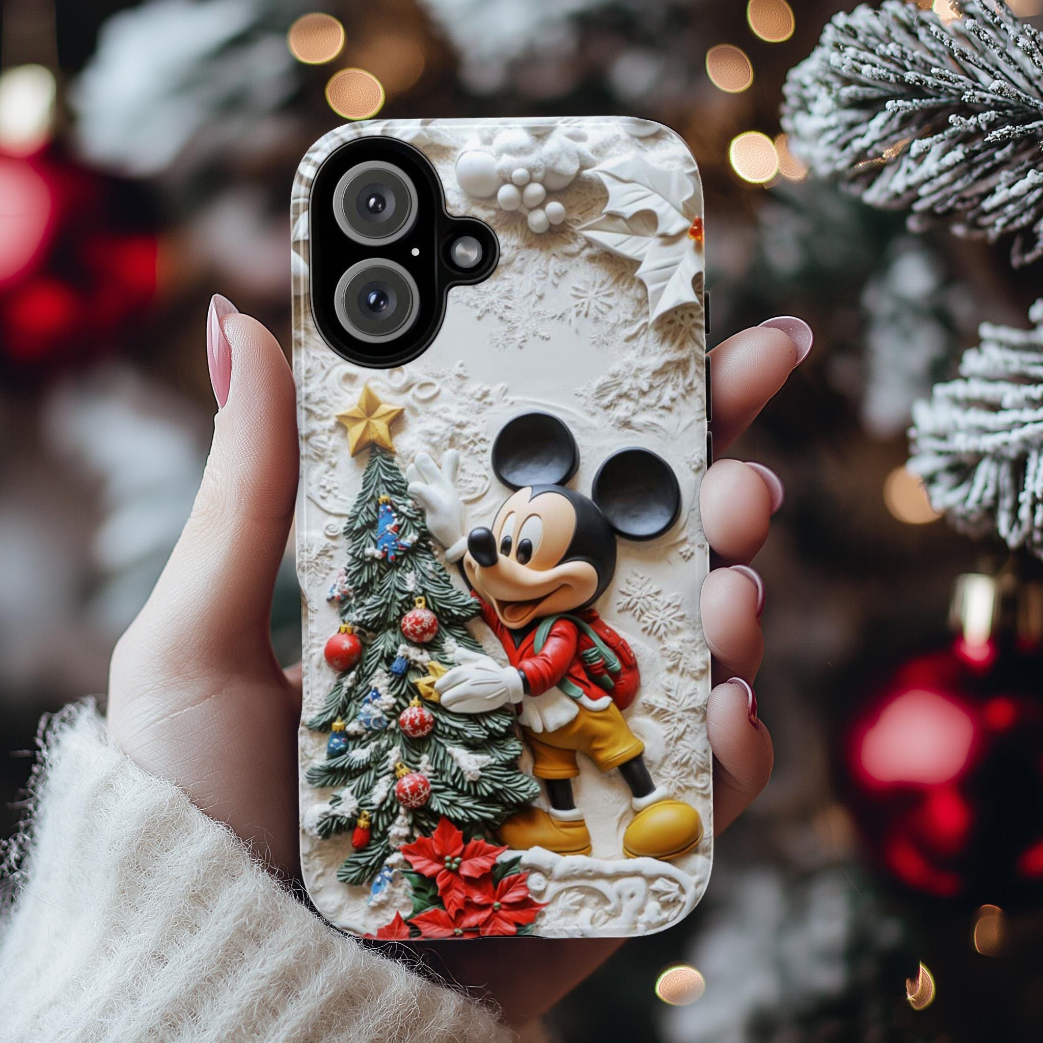 Xmas Mickey Mouse 3D effect Phone Case, Cartoon Design, Mickey Christmas Tree Phone Case for iPhone 16 15 Magsafe, Samsung S24, 442.12