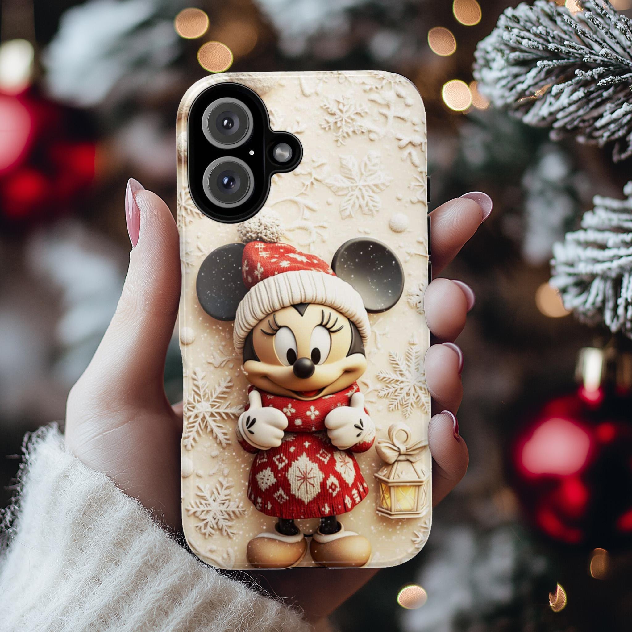 Santa Minnie Mouse 3D effect Phone Case, Xmas Cartoon Design, Minnie Christmas Tree Phone Case for iPhone 16 15 Magsafe, Samsung S24, 442.10