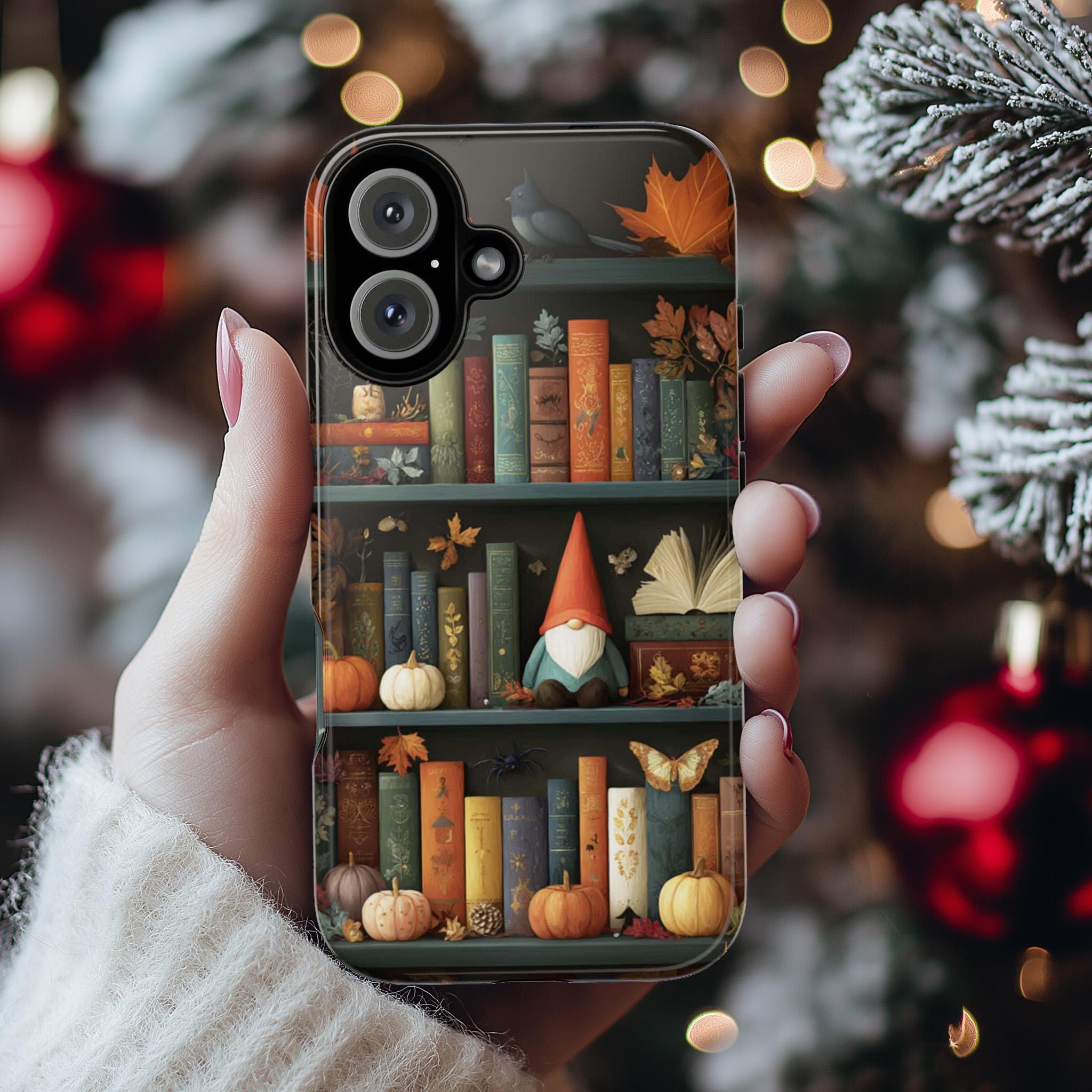 Library Gnome Fall Phone Case, Cute Halloween Gnome with Books, Book Lover Cover for iPhone 17 16 15 Tough or Magsafe, Samsung, 480.6