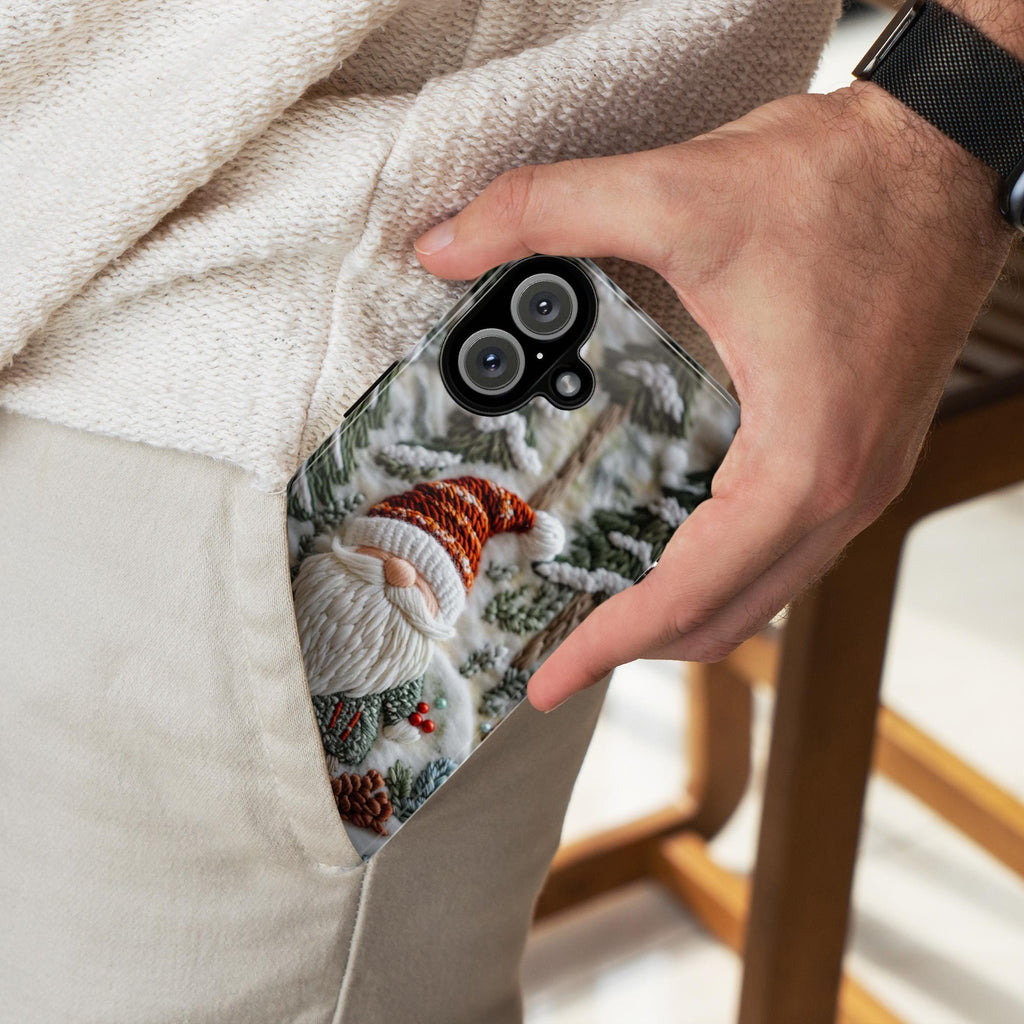 Winter Gnome Embroidery MagSafe Phone Case, Cozy Winter Design with Snowy Forest Phone 15 14 13 12 Pro Max Plus / Samsung S24, 444.9