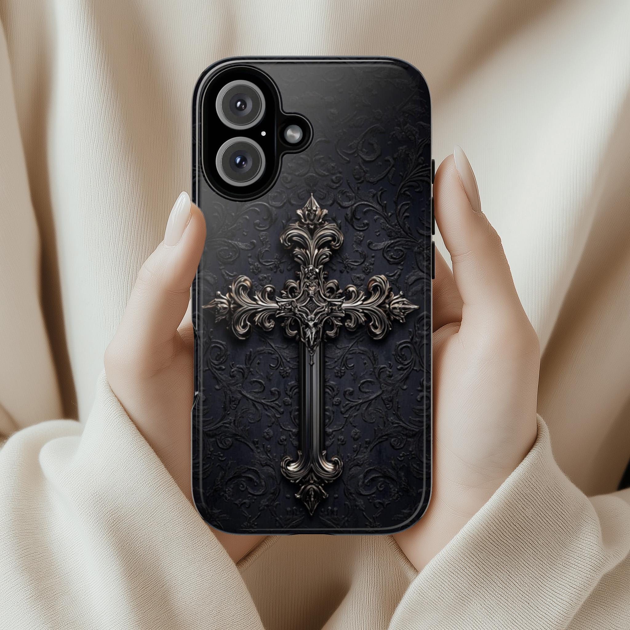 Dark Gothic Christian Cross Phone Case, Dark Academia Aesthetic Cover, Chrome 3D Design for iPhone 16 15 14 13 Magsafe, Samsung S25, 472.3