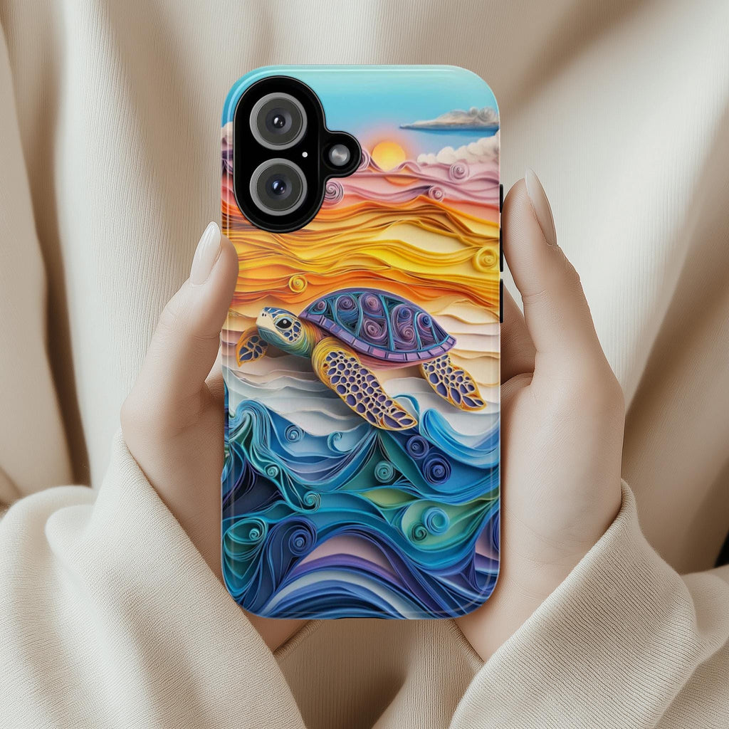 Sea Turtle Phone Case, Vibrant Rainbow Ocean & Sunset Quilling-inspierd Art Cover for iPhone 16 15 Tough or Magsafe, Samsung S25, 455.18