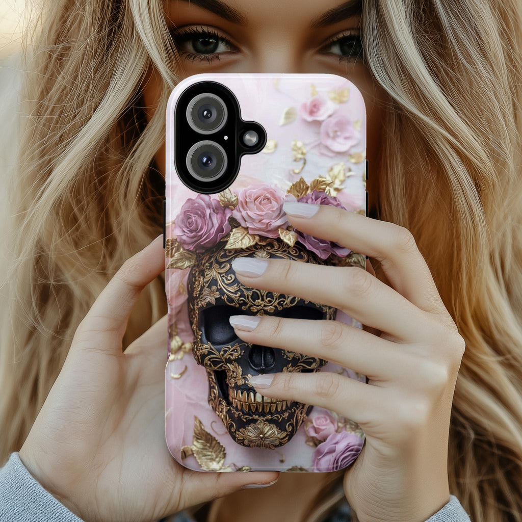Dark Gothic Skull & Floral Phone Case, Fantasy Art Design, Pink Roses Cover Tough or Magsafe Phone Case for iPhone 16, Samsung S25, 465.21