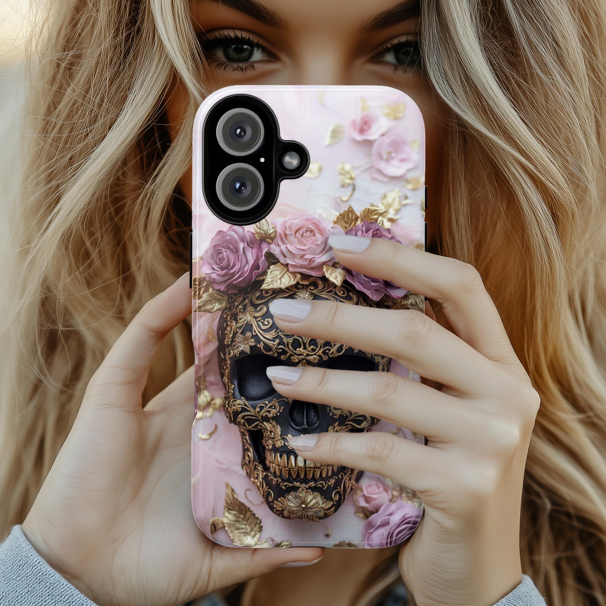 Dark Gothic Skull & Floral Phone Case, Fantasy Art Design, Pink Roses Cover Tough or Magsafe Phone Case for iPhone 16, Samsung S25, 465.21