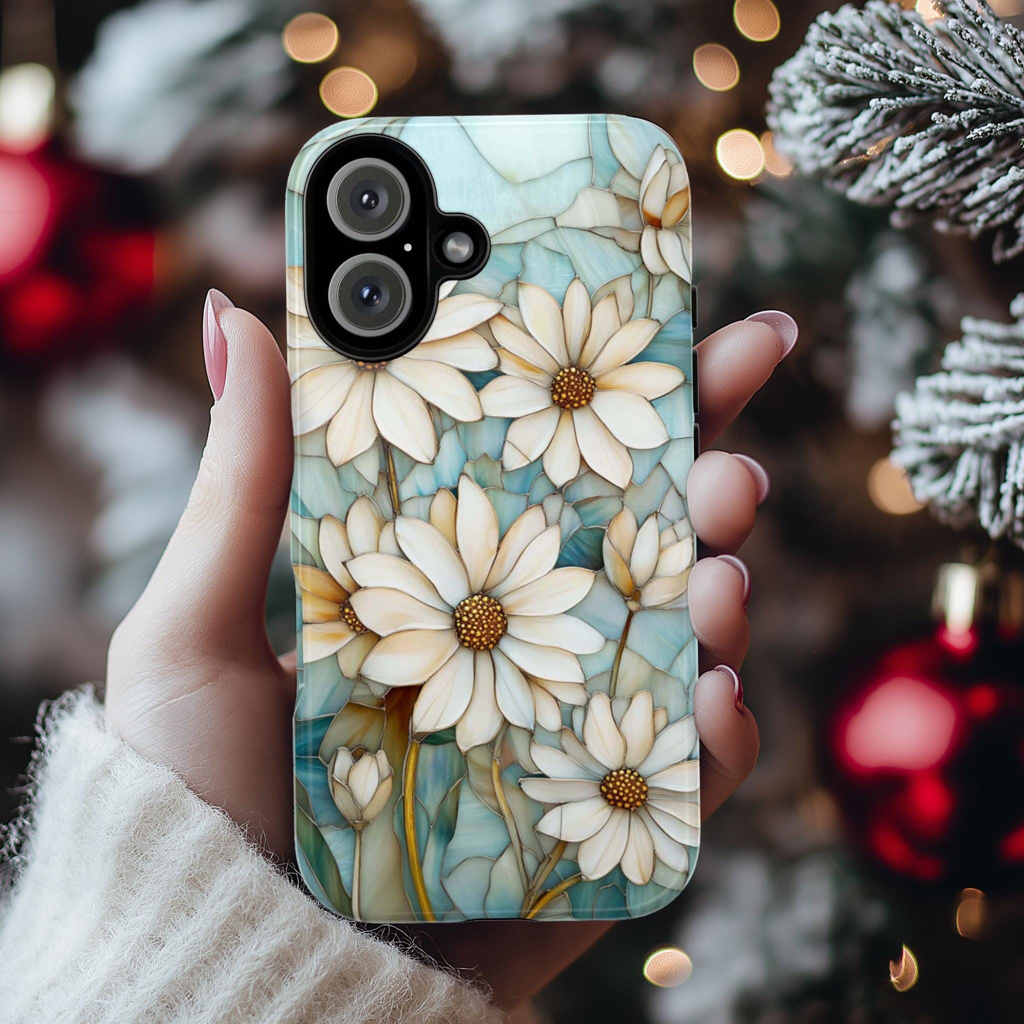 Stained Glass Daisy Floral Phone Case | Elegant Flower Design for iPhone 16 Tough or Magsafe 15 14 13 Plus Pro Max, Galaxy S25, 418.3