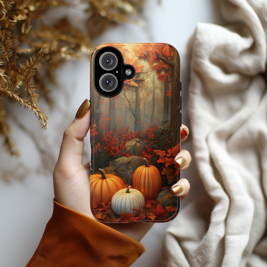 Autumn Pumpkin Forest Phone Case, Fall Natural Woodland Seasonal Fall Leaves Cover for iPhone 16 15 14 Tough or Magsafe, Samsung, 475.18