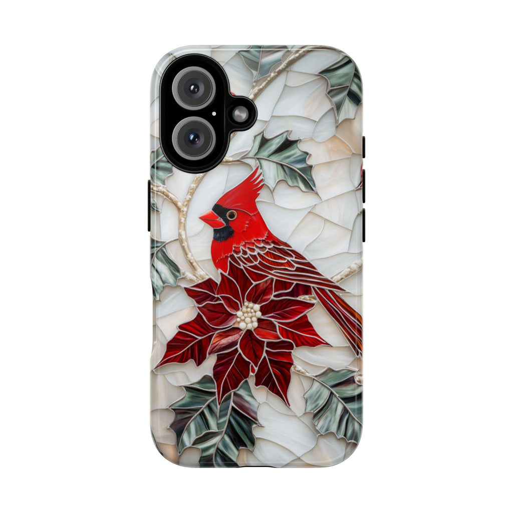 Cardinal & Poinsettia Stained Glass Winter Phone Case,  Red Bird and Floral Design MagSafe for iPhone 16 15 14 13, Samsung S24, 420.8
