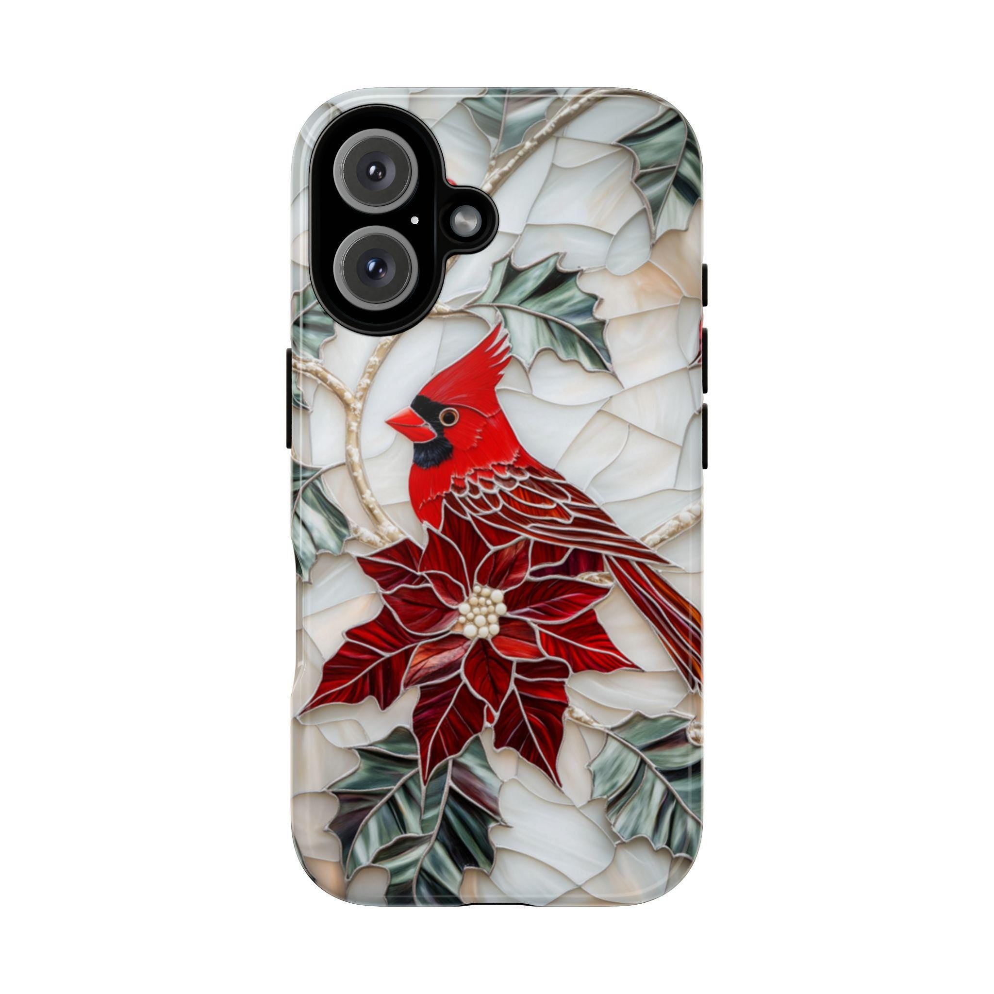 Cardinal & Poinsettia Stained Glass Winter Phone Case,  Red Bird and Floral Design MagSafe for iPhone 16 15 14 13, Samsung S24, 420.8
