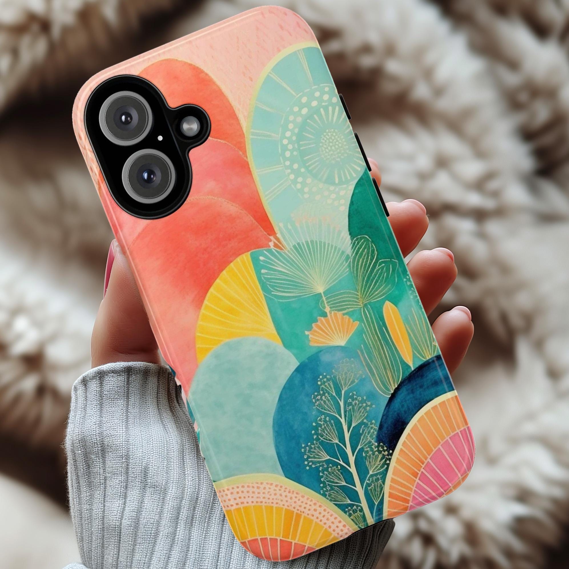 Boho Abstract Landscape Phone Case, Aesthetic Watercolor Phone, Painting Art Cover for iPhone 15 14 13 12 11 Pro Max Plus / Galaxy S25, 135