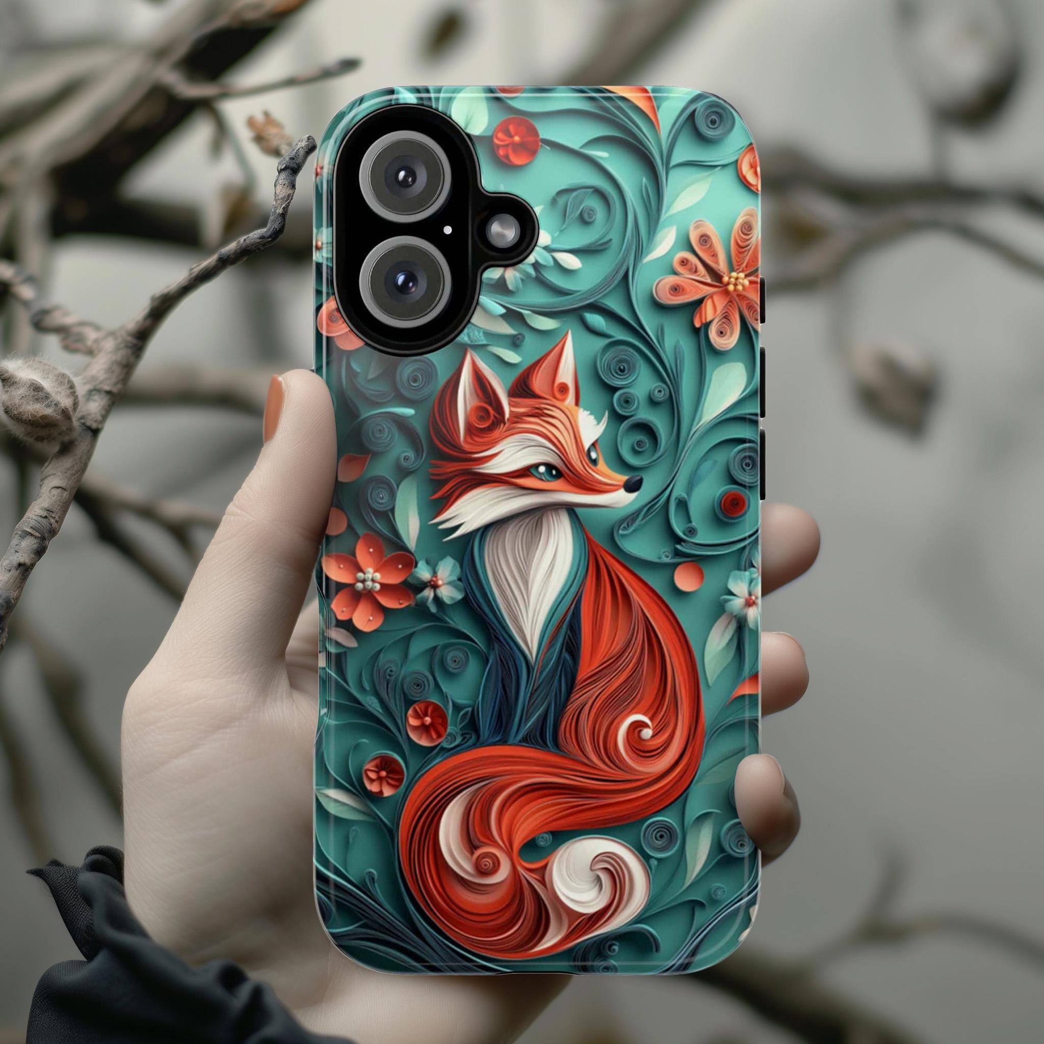 3D Fox and Floral Paper Art Phone Case, 3D effect Forest Phone Cove, Artistic Woodland Style Cover for iPhone Tough or MagSafe, 470.9