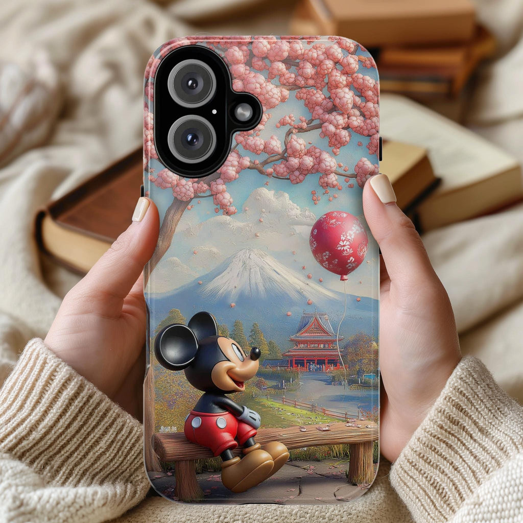 Cherry Blossom and Mountains Mickey Mouse Phone Case, Tokyo Disneyland Phone Cover for iPhone 16, 15, 14 Magsafe & Samsung, Pixel, 442.48