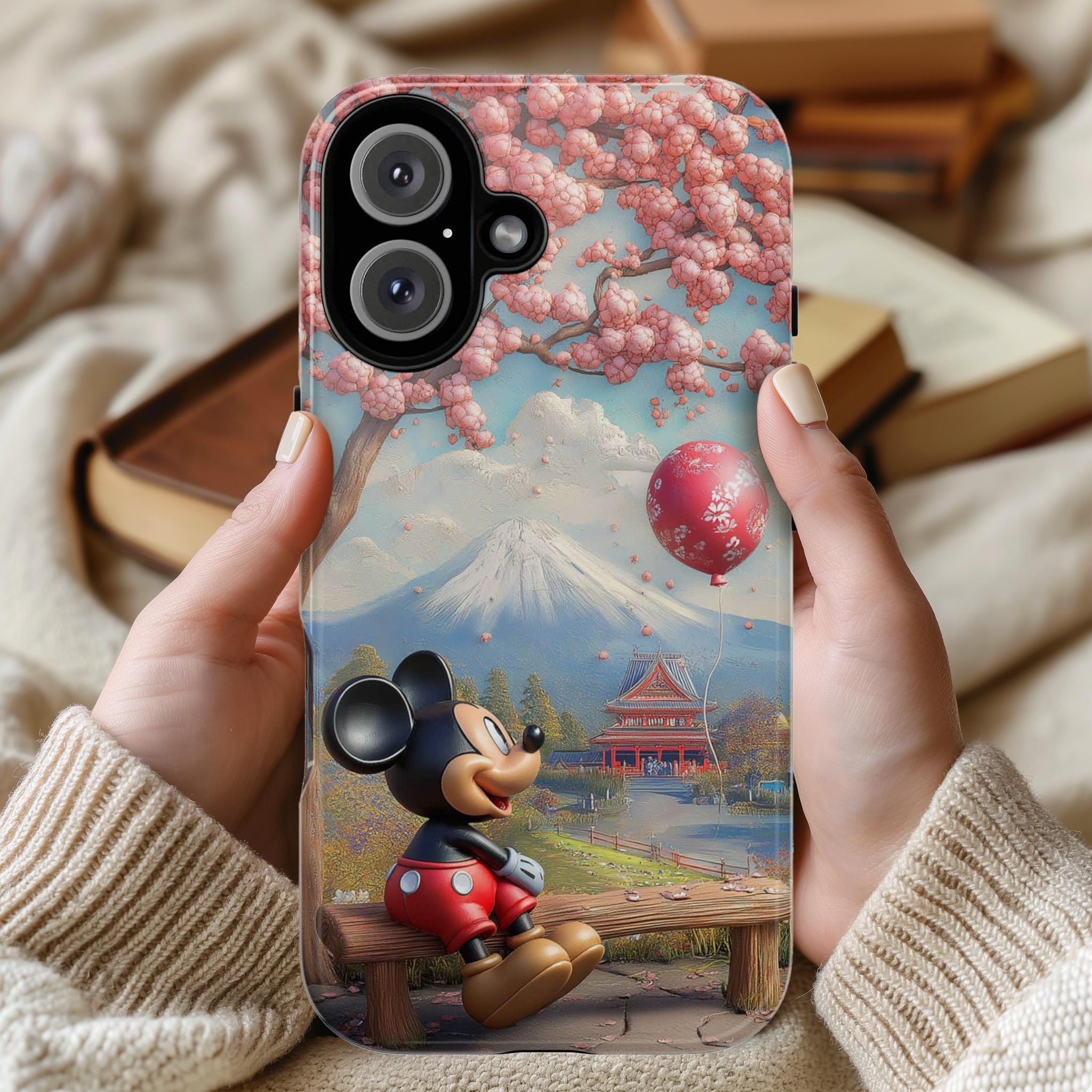 Cherry Blossom and Mountains Mickey Mouse Phone Case, Tokyo Disneyland Phone Cover for iPhone 16, 15, 14 Magsafe & Samsung, Pixel, 442.48