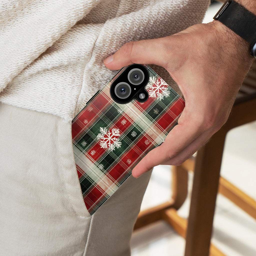 Cozy Christmas Plaid Phone Case, Festive Xmas Holiday Snowy Phone Cover for iPhone 15 14 13 Pro Max Plus, Magsafe, Galasy S25, 426.1