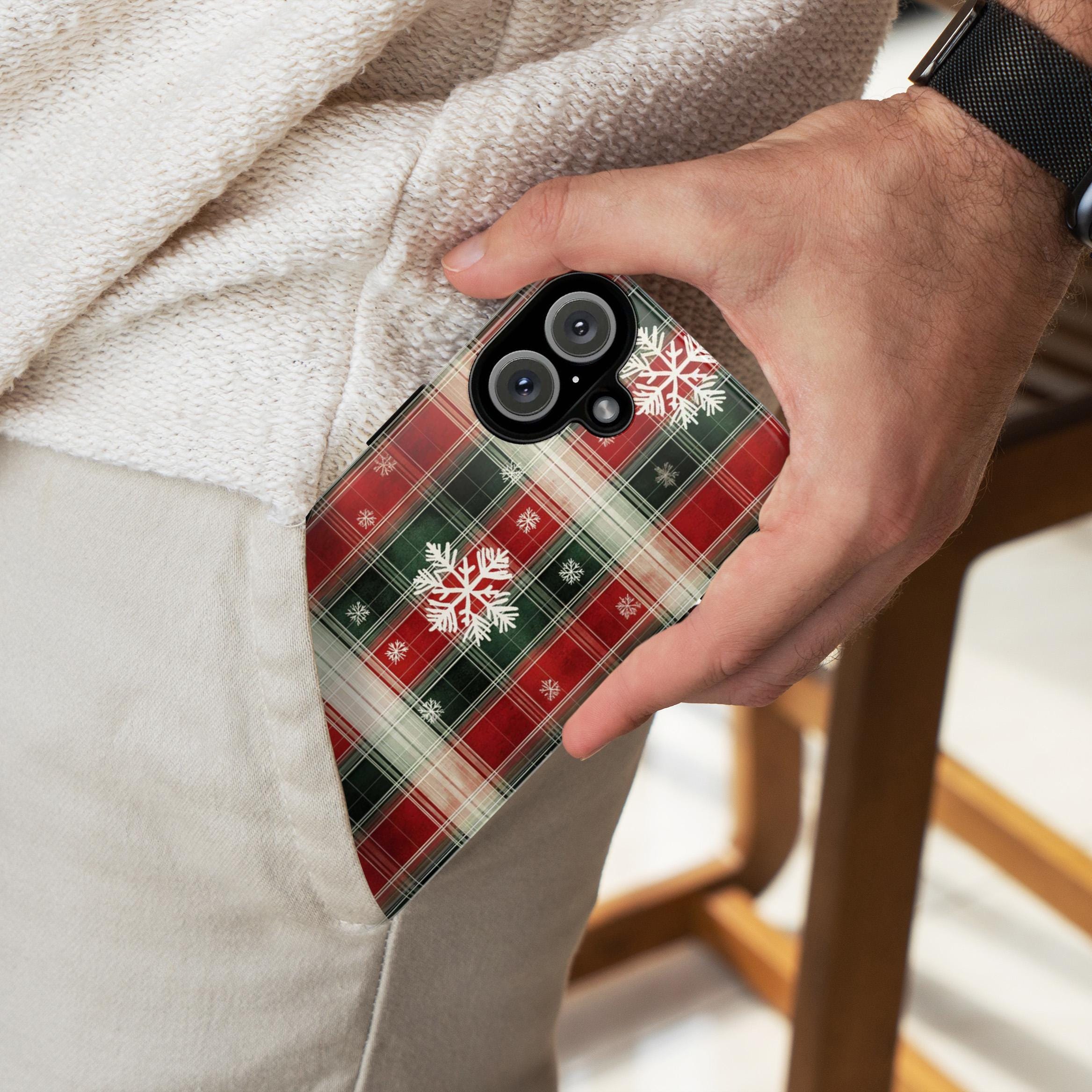Cozy Christmas Plaid Phone Case, Festive Xmas Holiday Snowy Phone Cover for iPhone 15 14 13 Pro Max Plus, Magsafe, Galasy S25, 426.1