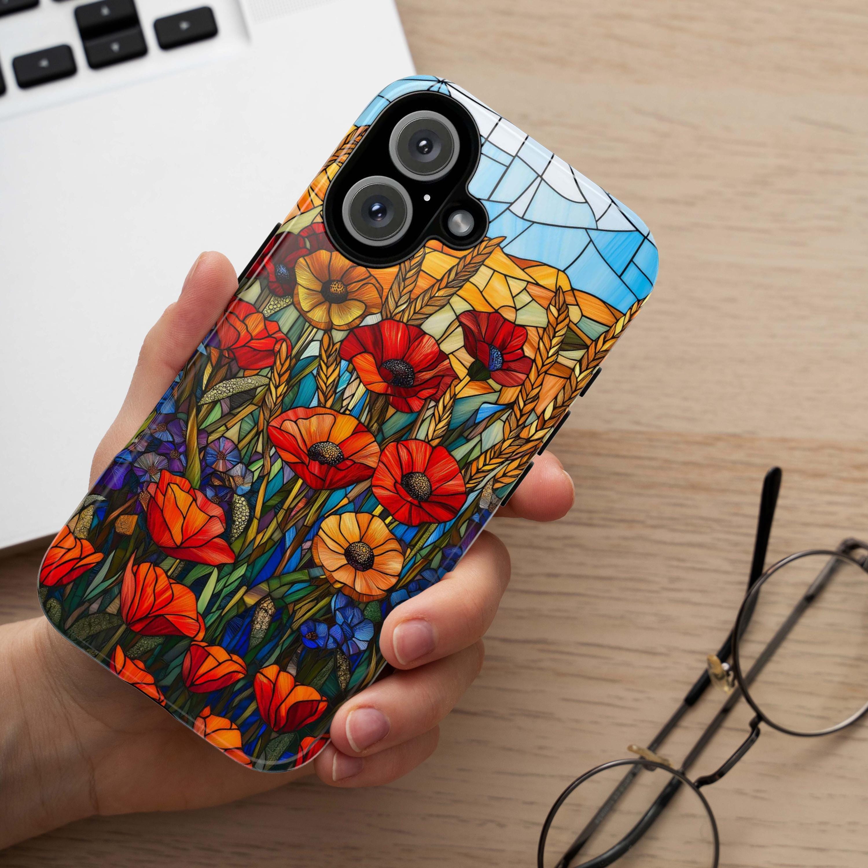 Stained Glass Poppies, CornFlowers Phone Case, Golden Wheat Field Phone Cover for iPhone 16 15 14 13 Pro Magsafe Samsung Galaxy S24, 418.21