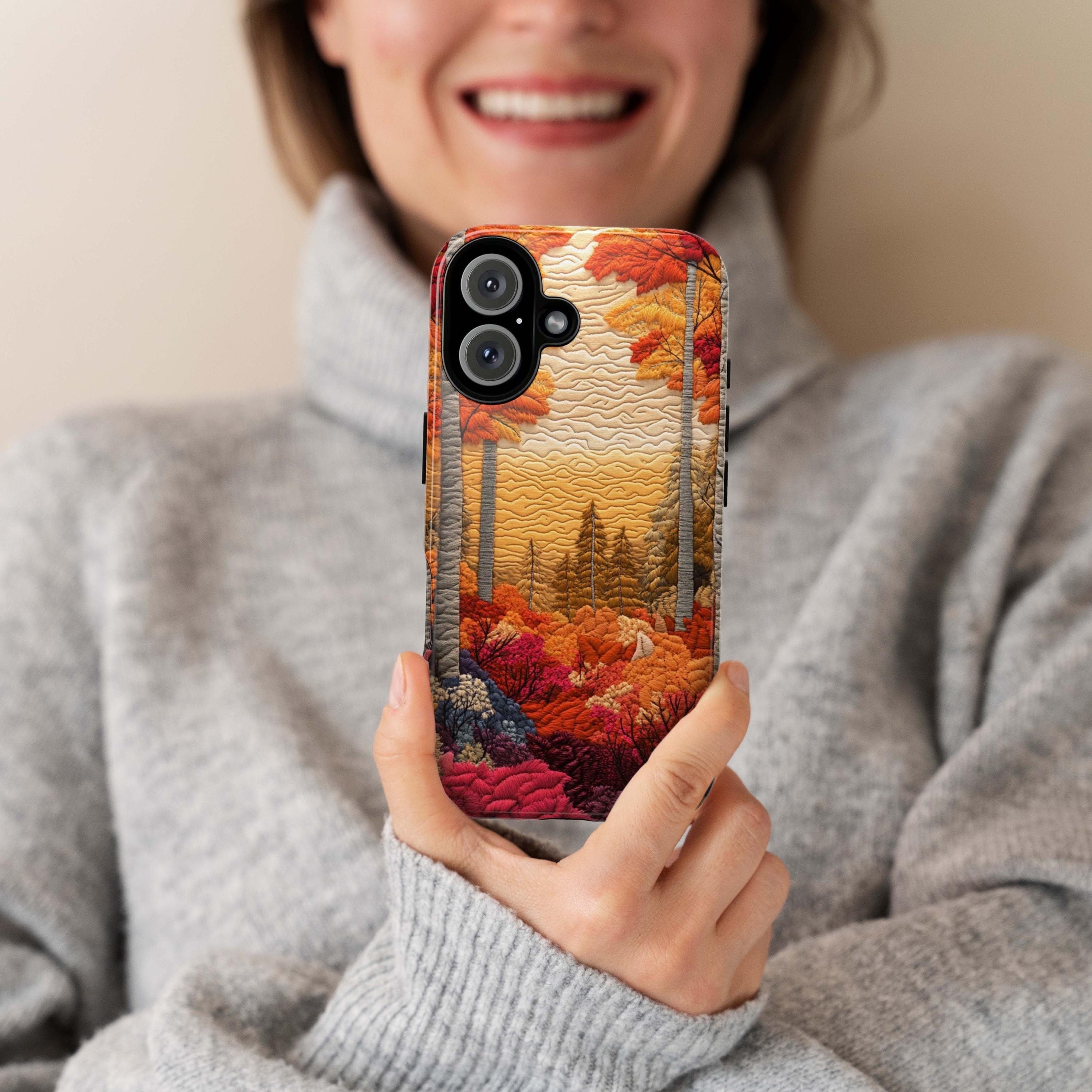 Fall Landscape Patchwork MagSafe Phone Case, Cozy Autumn Design with Fall Forest and Sunset Case for iPhone 16 15 14 13 / Samsung S24, 453.1