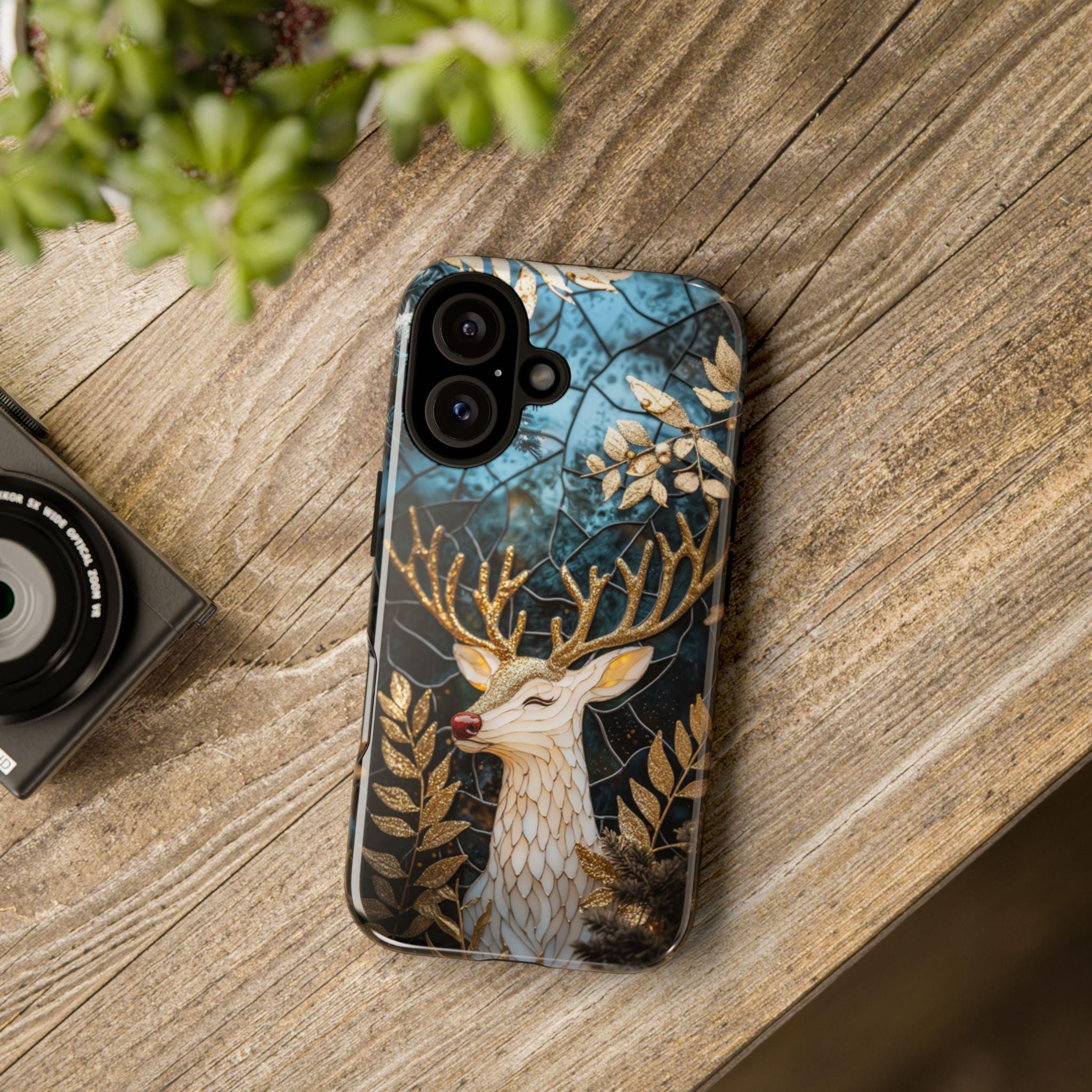 Cozy Stained Glass Reindeer Christmas Phone Case, Gold Silver Xmas MagSafe for iPhone 16 15 14 13 Pro Max Plus, Samsung S24 Ultra, 420.13