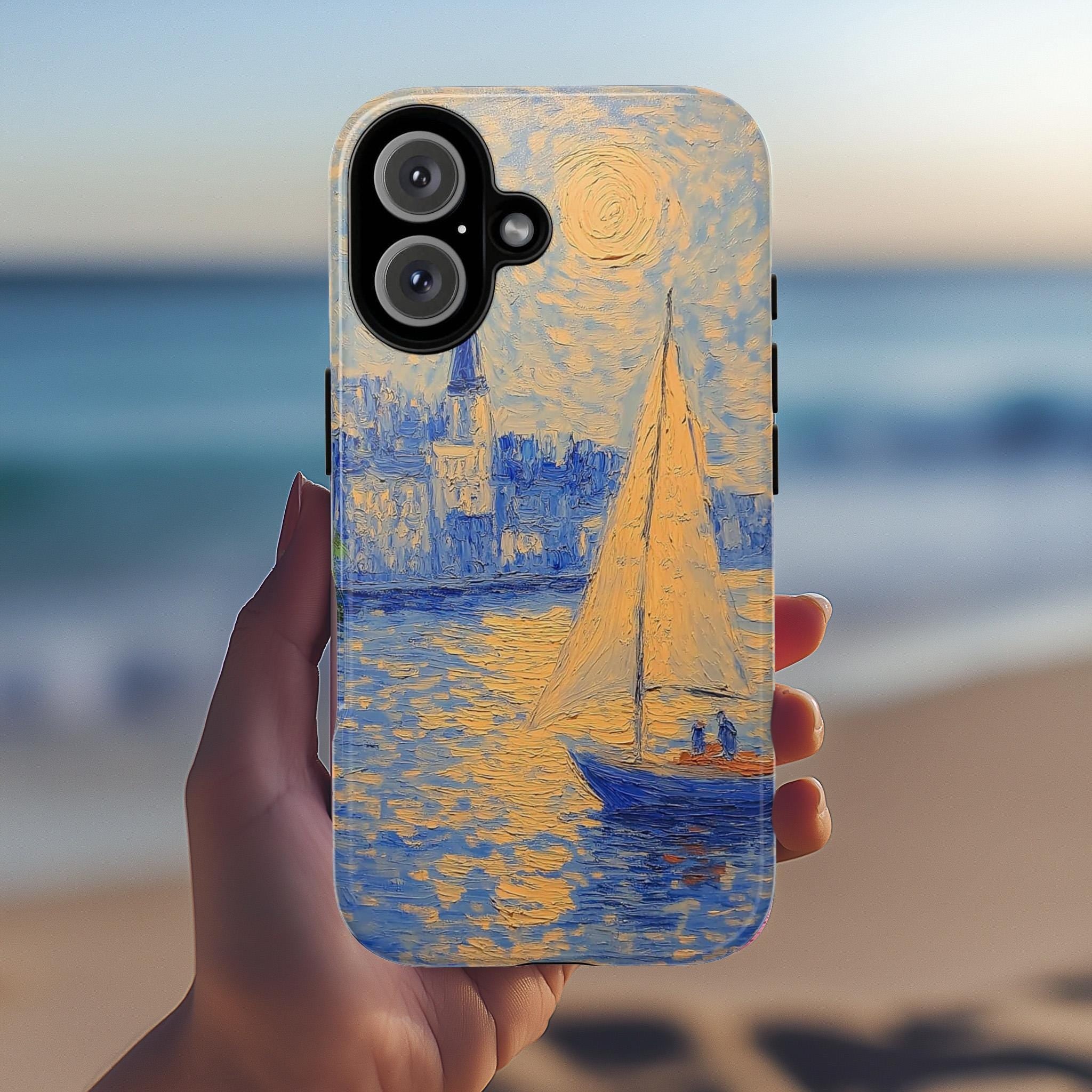 Sailing Boat Phone Case, Monet Style Sea Tough iPhone 16 Cover, Nautical Beach Accessories, Ocean Lovers Gift, Galaxy S25, 412.3