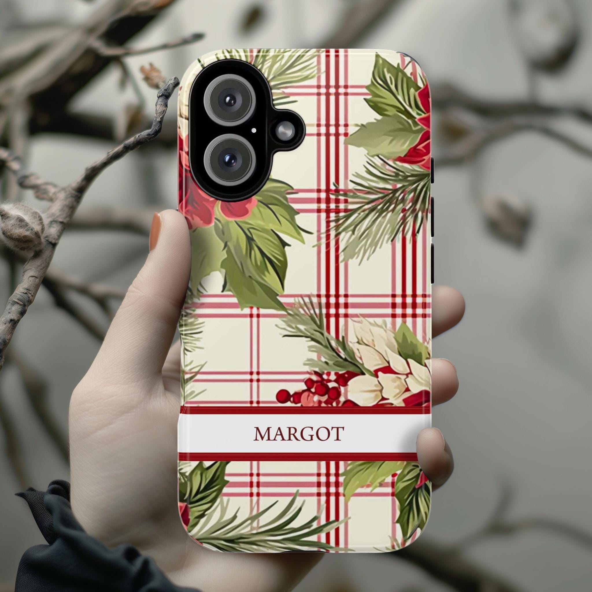 Personalized iPhone Case Holiday Holly Phone Case, Custom Xmas Phone Cover for iPhone 15 14 13 12 11 XR Pro Max Plus/Samsung Galaxy, 106.3