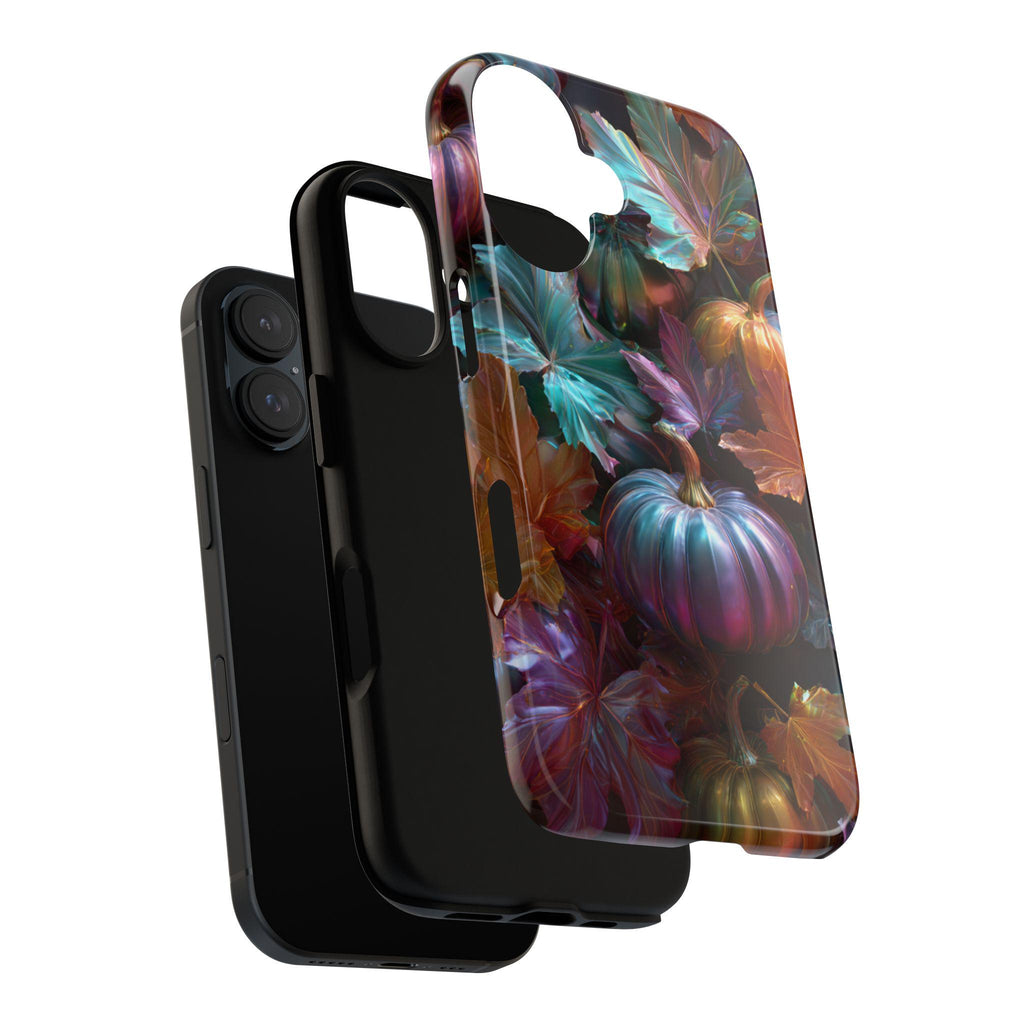 Shiny Halloween Pumpkin Phone Case with Autumn Leaves, Metallic Effect Seasonal Cover for iPhone 16 15 14 Tough or Magsafe, Samsung, 475.22