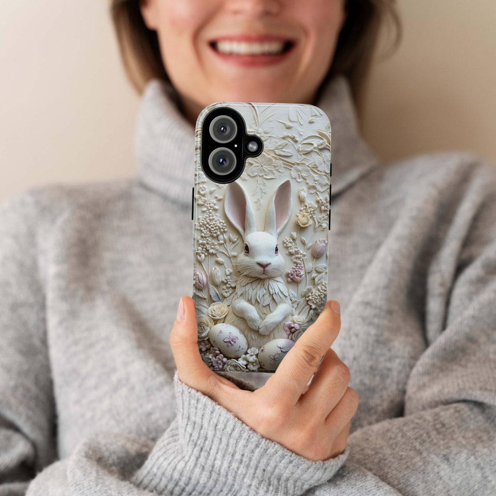 3D Easter White Bunny & Egges Phone Case, Spring Design, Cute Pastel Easter Rabbit Case for iPhone 16 15 14 13 Magsafe, Samsung S25, 464.2