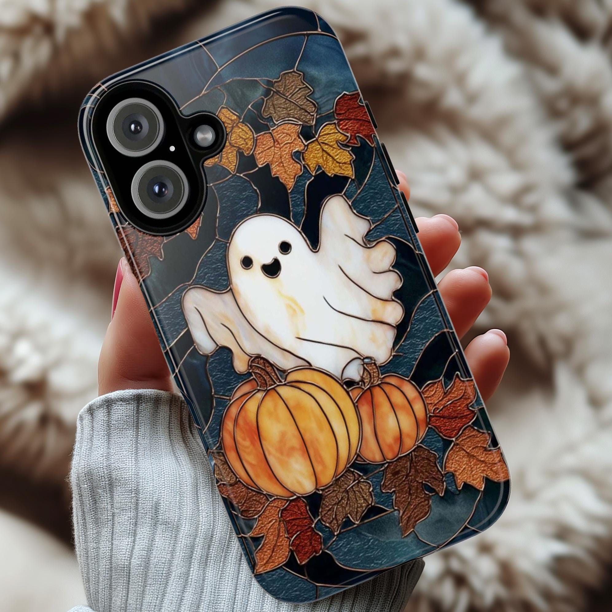 Spooky Fall Ghost & Pumpkin Phone Case | Cute Halloween Design Stained Glass Effect Cover for iPhone 16 15 Tough or Magsafe, Samsung, 475.25