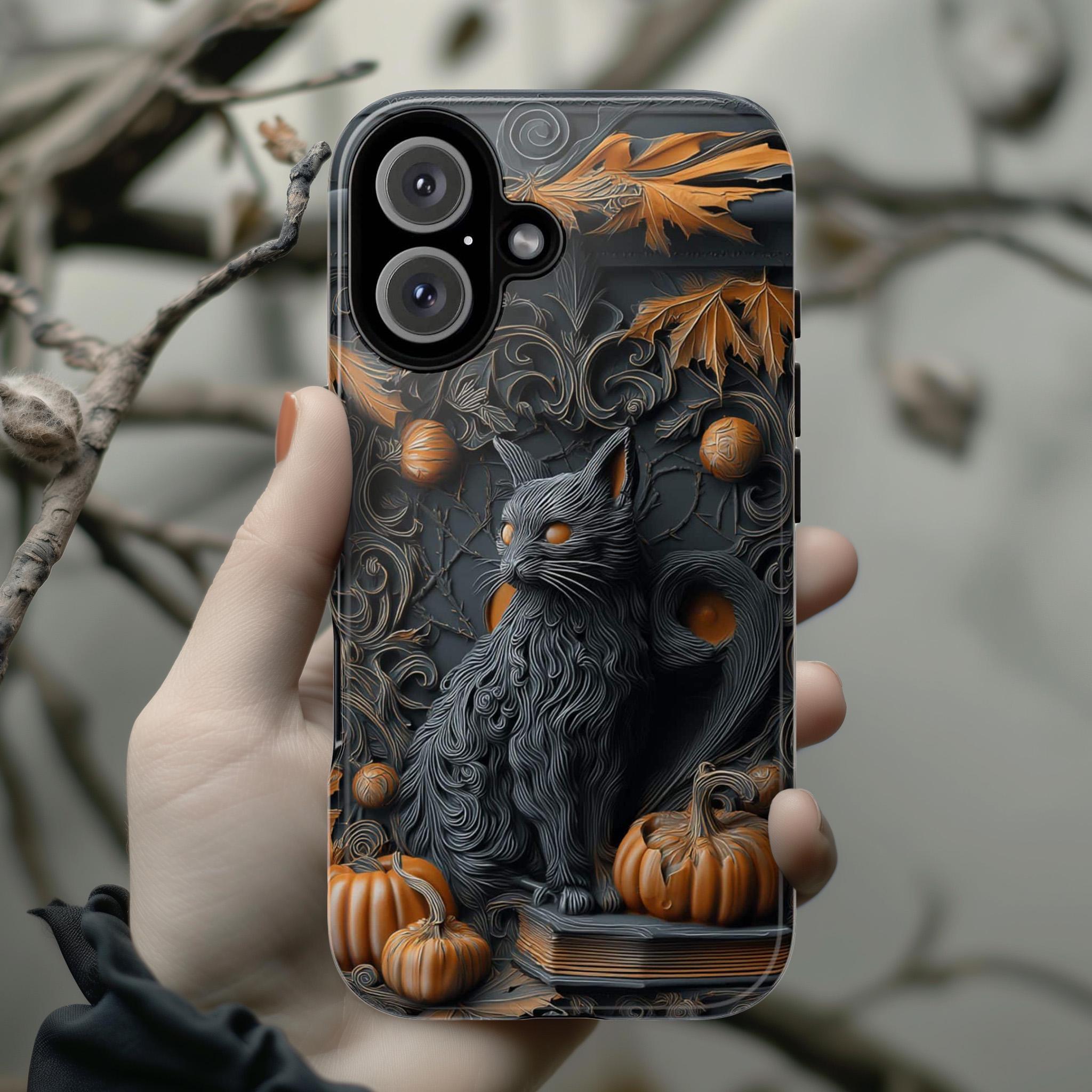 Black Cat & Pumpkin Phone Case, Halloween Fantasy Gothic Design, Spooky Artistic for iPhone 16 15 14 Tough or Magsafe, Samsung, 475.19