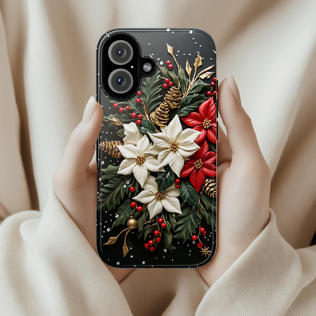 Poinsettia Floral Christmas Phone Case | Festive Red & White Floral 3D effect MagSafe for iPhone 16 15 14 13 Pro Max, Samsung S25, 433.11