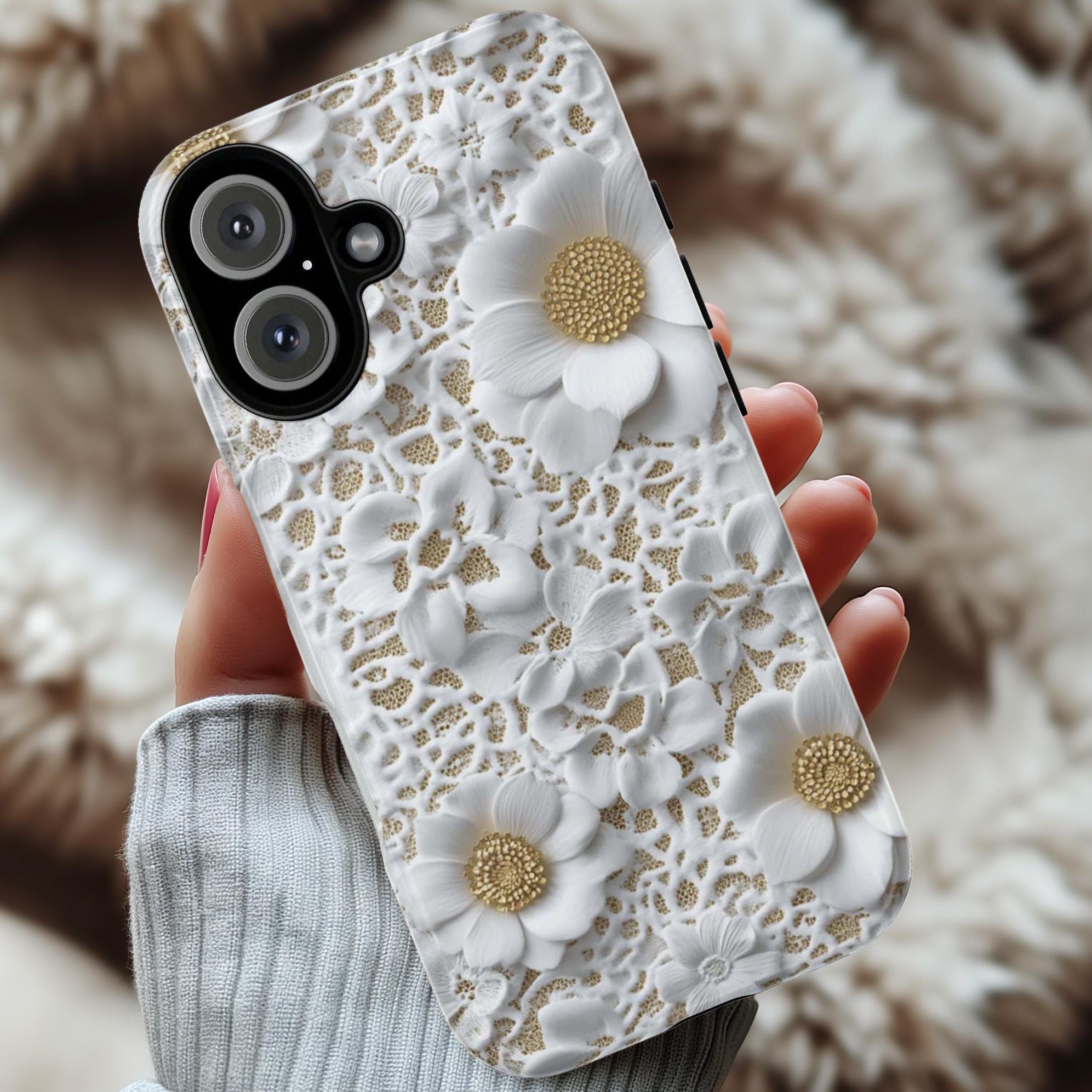 Elegant White Lace Floral Phone Case, Wedding Gift for Bride Cover, Bridal Accessory for iPhone 17 16 15 Tough or Magsafe, Samsung, 439.79