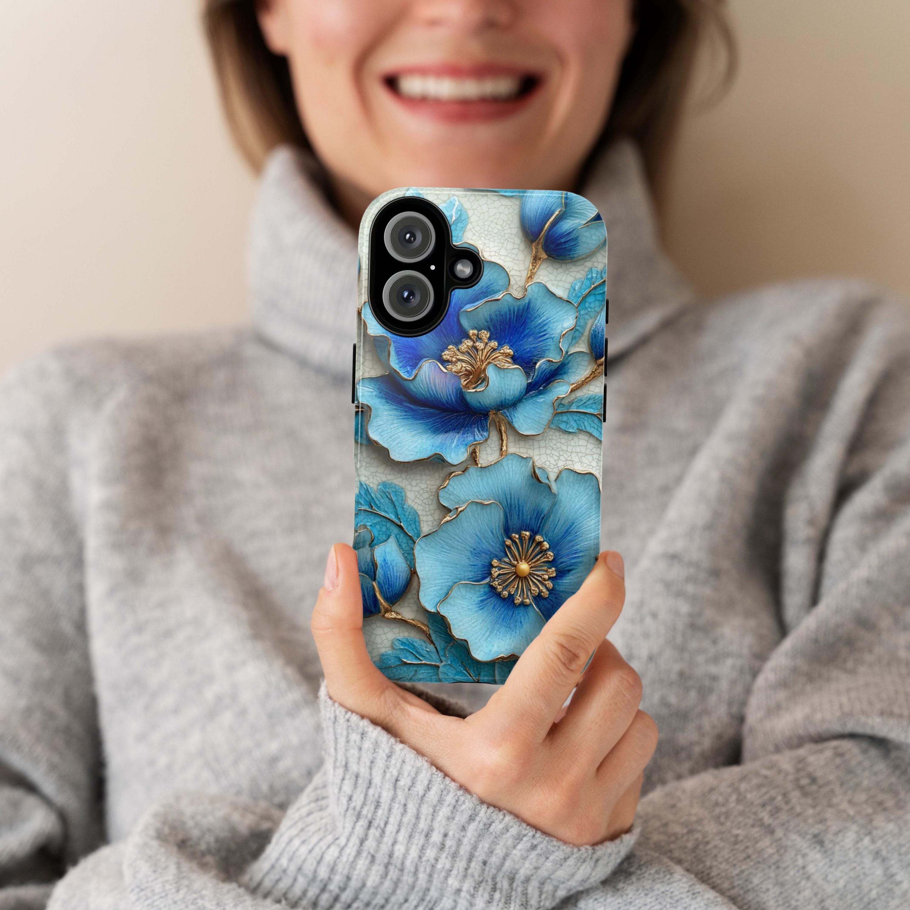 3D Turquoise Blue Floral Phone Case, Elegant Mosaic Design Stylish Accessory Textured 3D Effect for iPhone Tough or Magsafe, Samsung, 476.13
