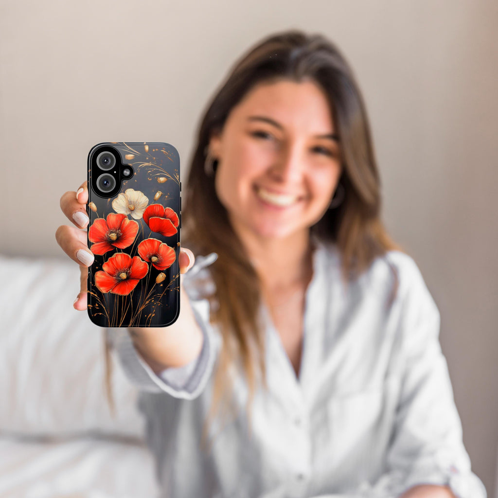 Elegant Poppy Phone Case with Gold, Red, and White Accents, Perfect for Flower Lovers Phone Case for iPhone 16, 15 Magsafe, Samsung, 459.4