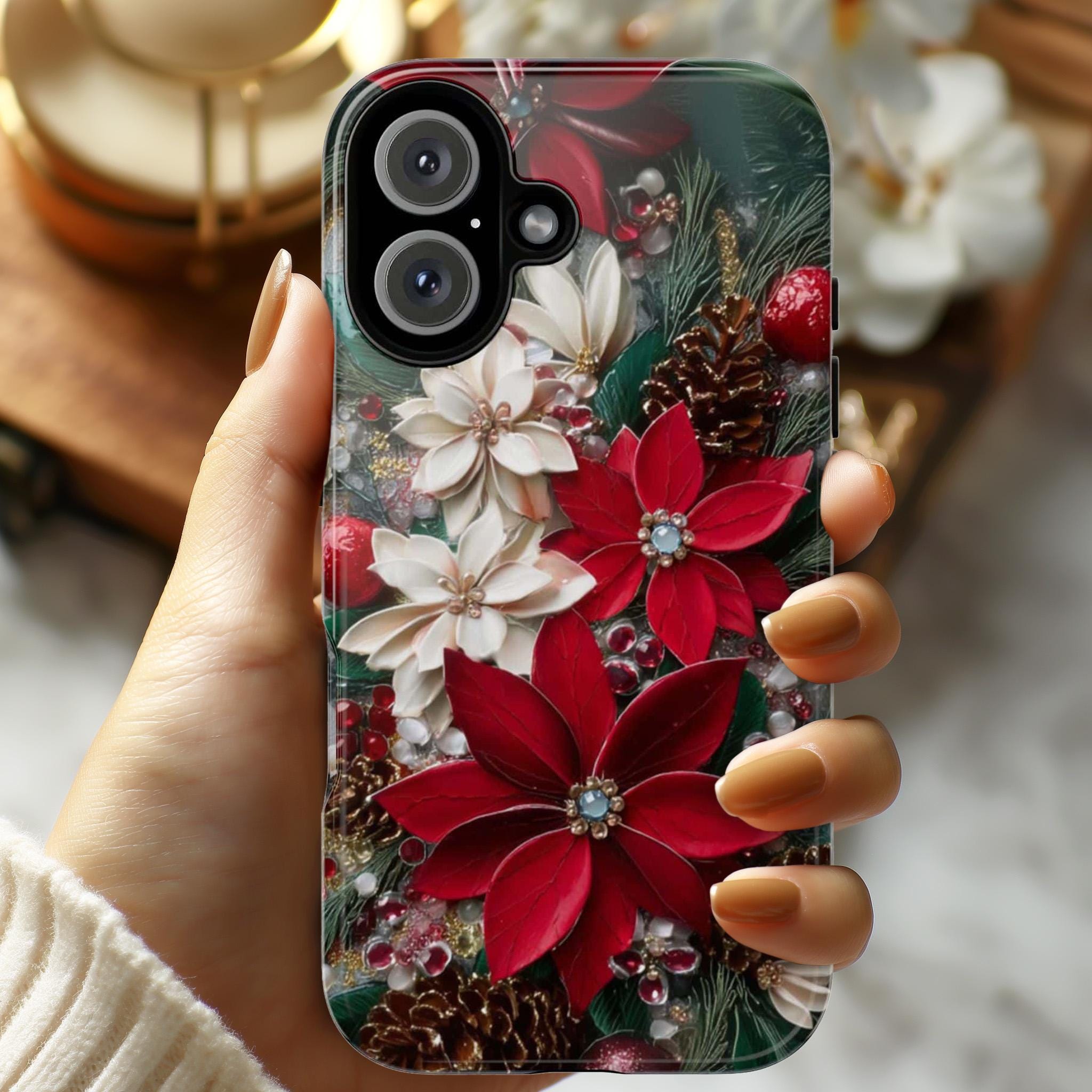 Christmas Poinsettia Phone Case, Festive Holiday Floral Cover for Tough Case or MagSafe for iPhone 17 16, Samsung, 481.8