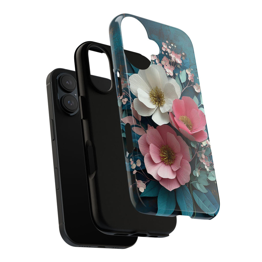 Rustic Paper Art Floral Phone Case with White & Pink Flowers, 3D Botanical Design for iPhone 16 15 14 13 Tough or Magsafe, Samsung, 470.16
